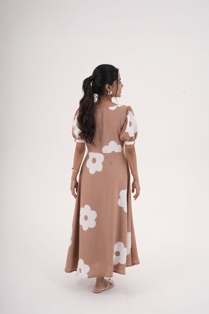 Brown With White Floral Dress