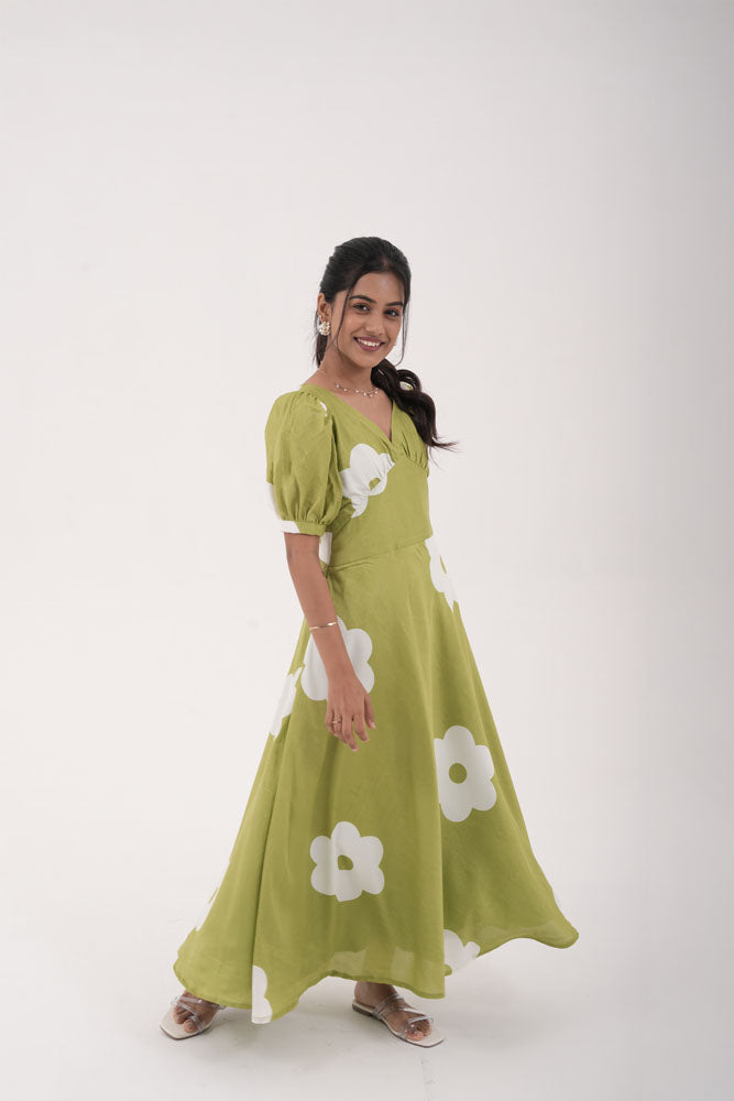 Light Green With White Floral Dress