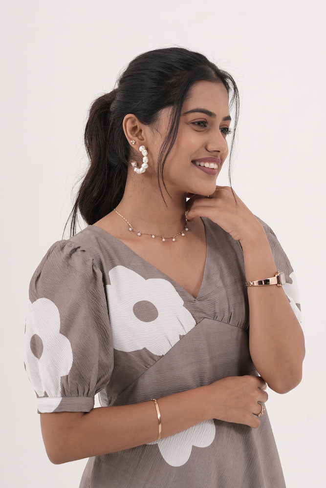 Grey With White Floral Dress