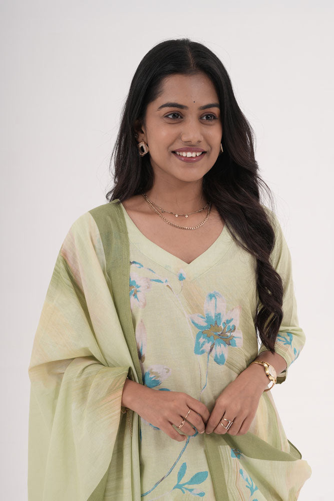 Mint Green Floral Kurti Set with Dupatta
