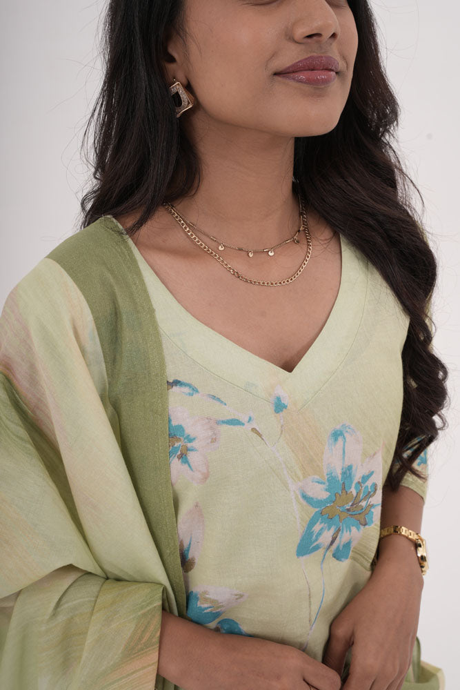 Mint Green Floral Kurti Set with Dupatta