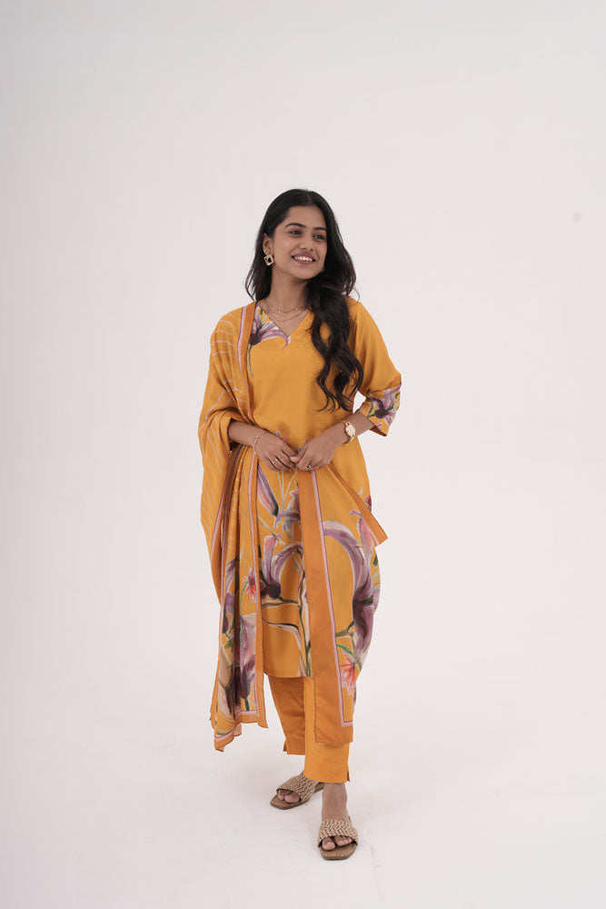 Mustard Yellow Floral Kurti Set with Dupatta