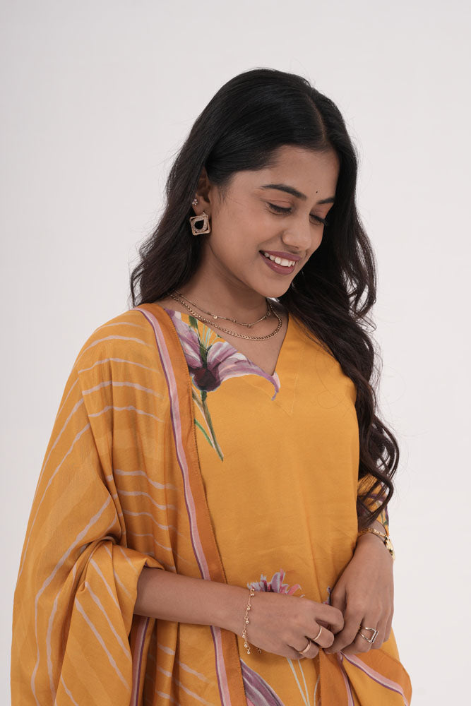 Mustard Yellow Floral Kurti Set with Dupatta