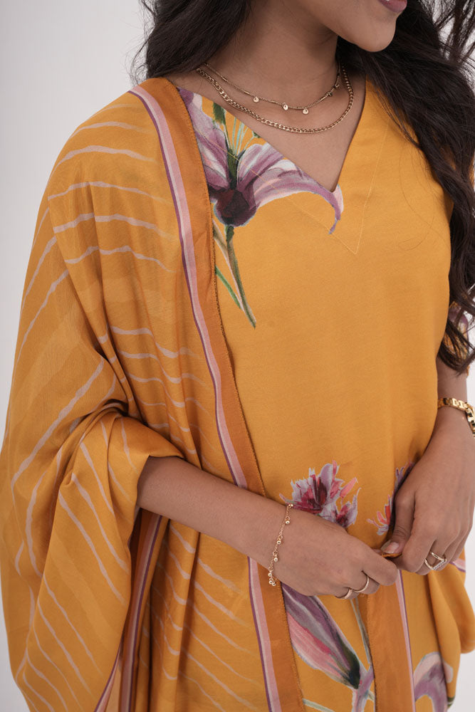 Mustard Yellow Floral Kurti Set with Dupatta