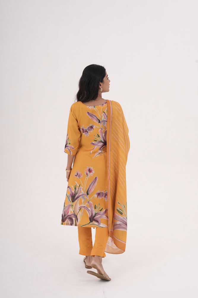 Mustard Yellow Floral Kurti Set with Dupatta