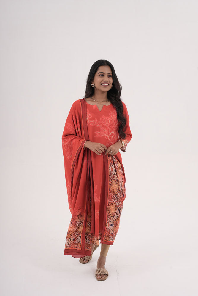 Orange Floral Printed Kurti With Dupatta
