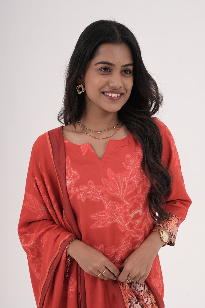 Orange Floral Printed Kurti With Dupatta