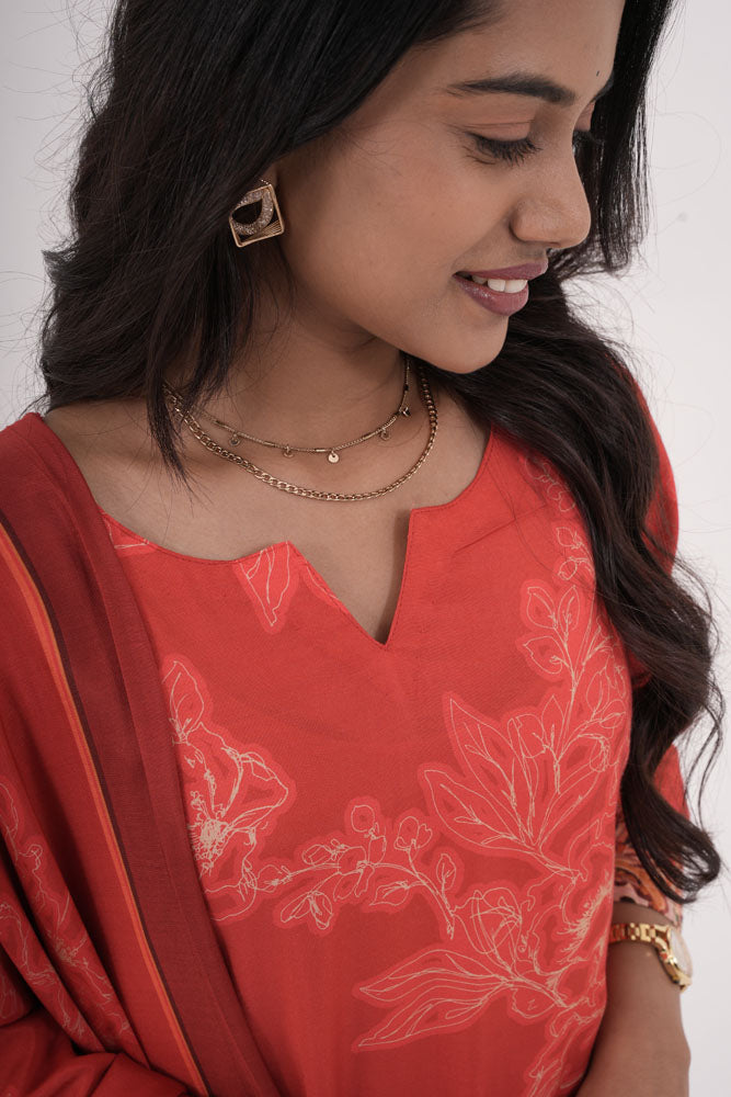 Orange Floral Printed Kurti With Dupatta