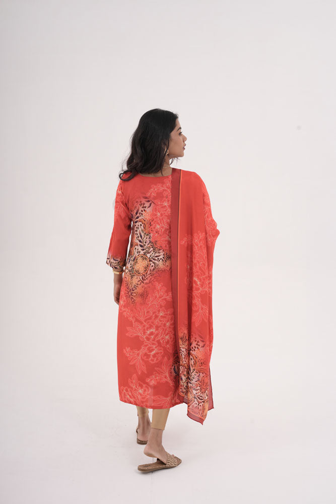 Orange Floral Printed Kurti With Dupatta