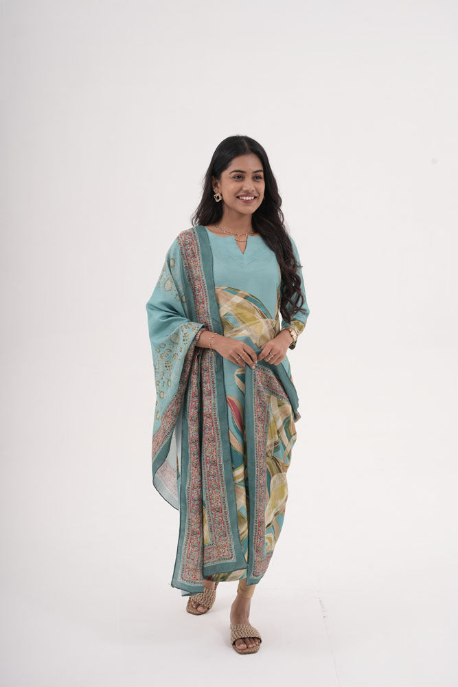 Teal Blue Printed Kurti Set with Dupatta
