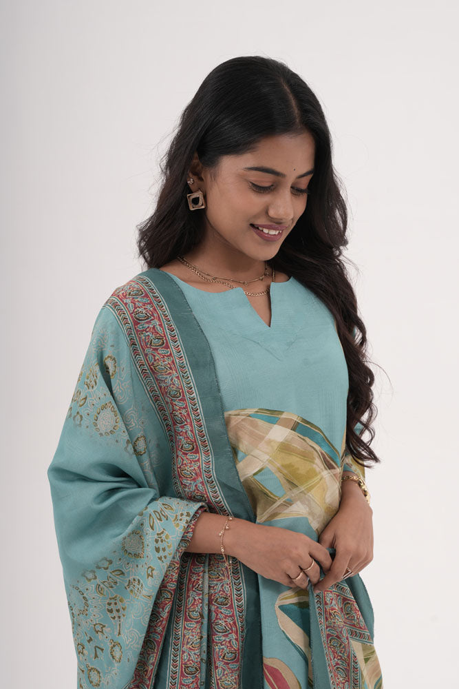 Teal Blue Printed Kurti Set with Dupatta