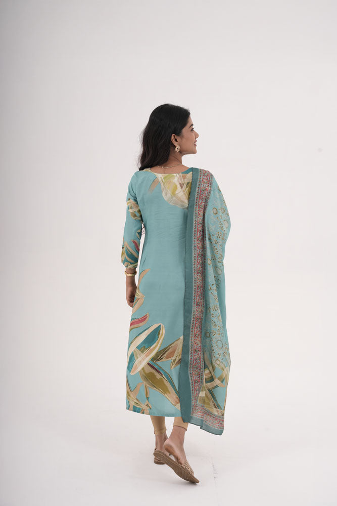 Teal Blue Printed Kurti Set with Dupatta