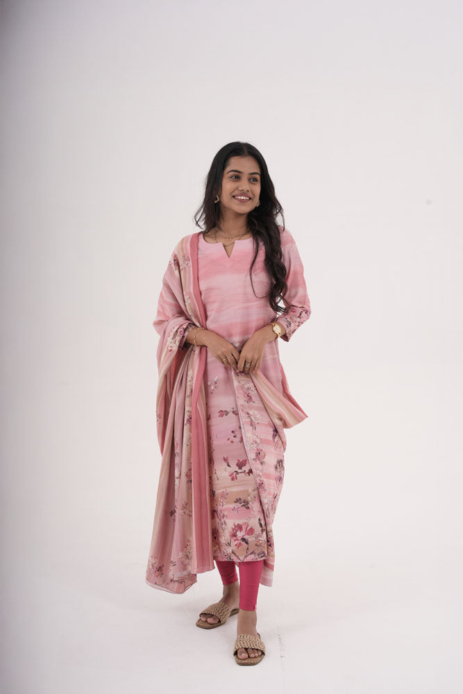 Pink Floral Printed Kurti Set with Dupatta