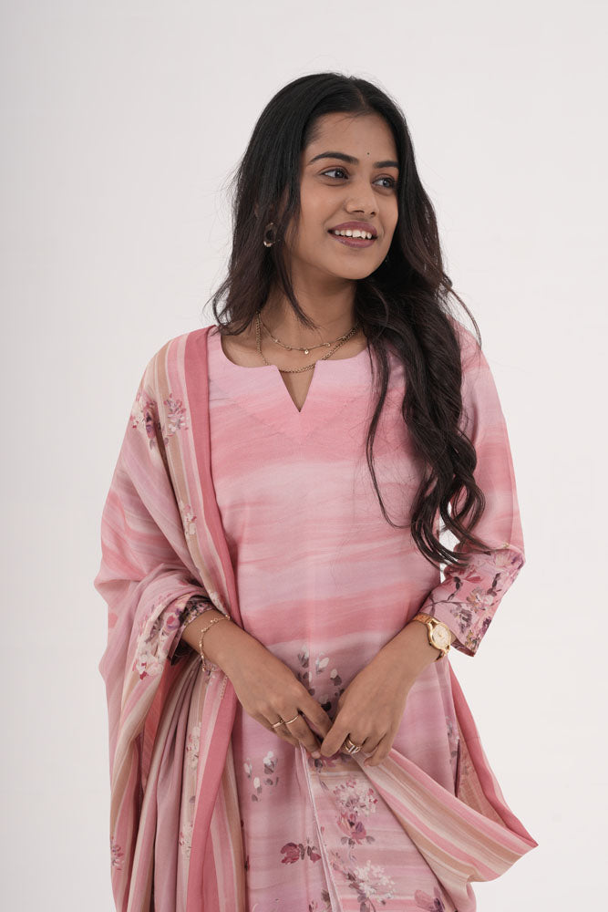Pink Floral Printed Kurti Set with Dupatta