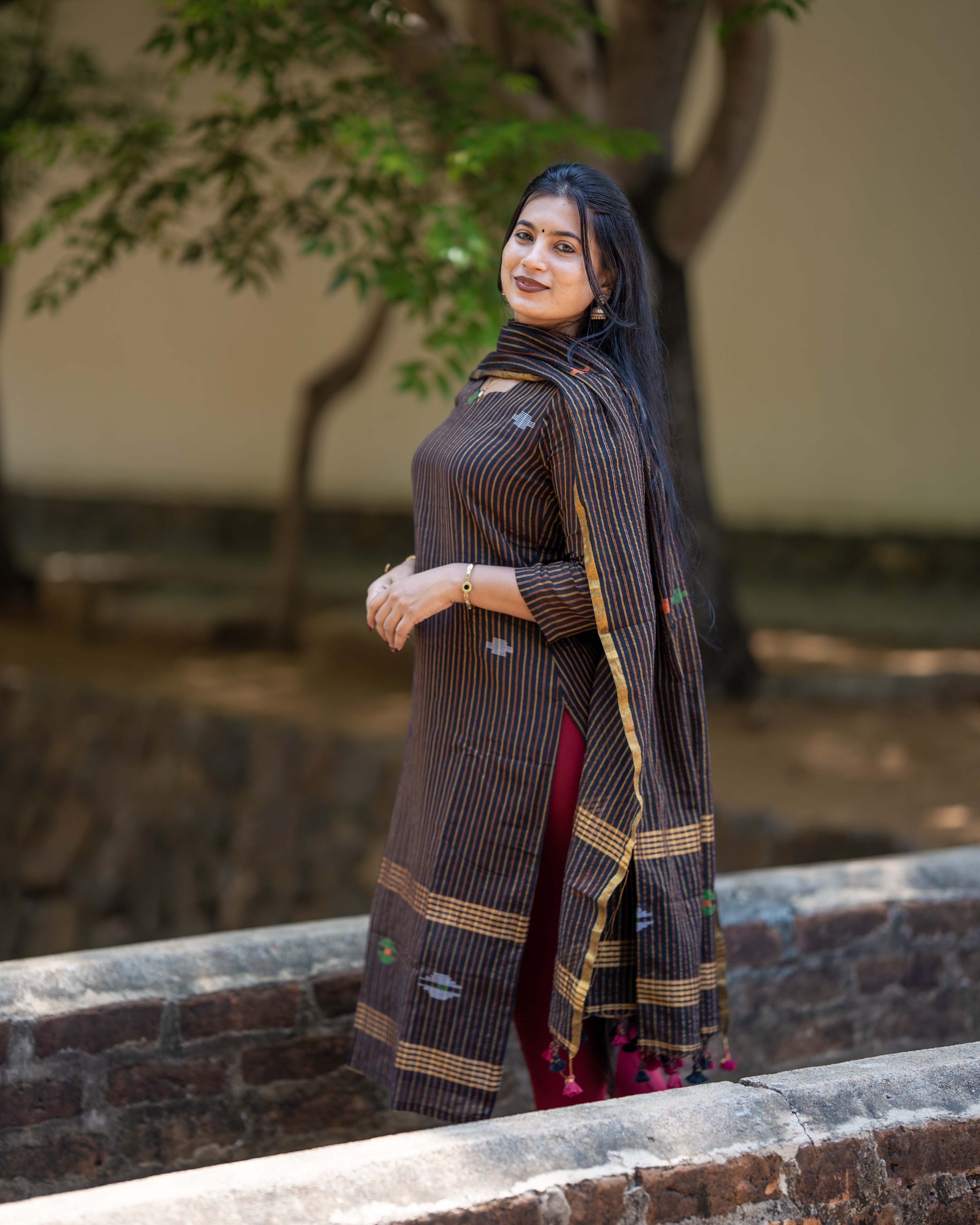 Black Cotton Kurta with Multicolour Striped Straight 3piece set