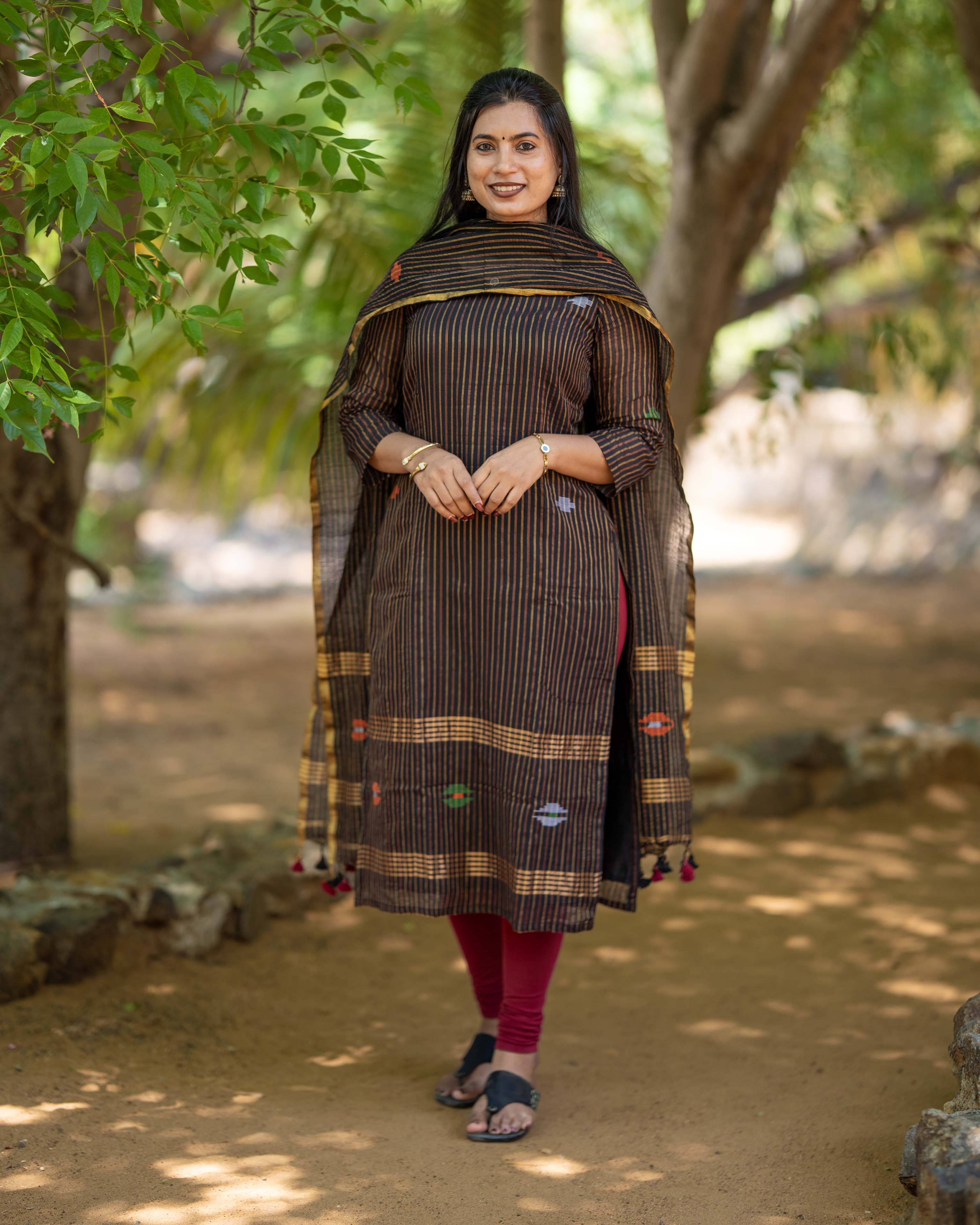 Black Cotton Kurta with Multicolour Striped Straight 3piece set