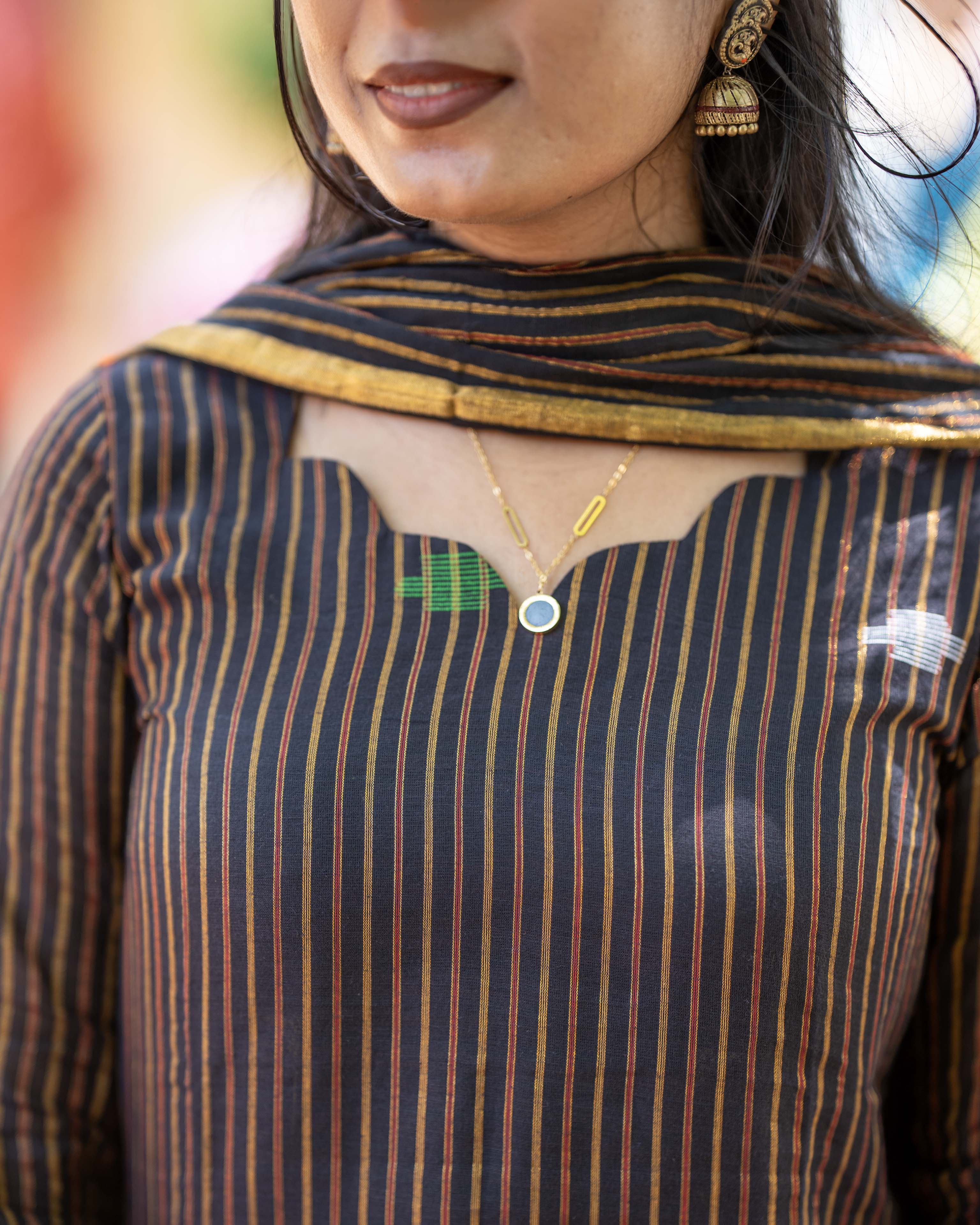 Black Cotton Kurta with Multicolour Striped Straight 3piece set