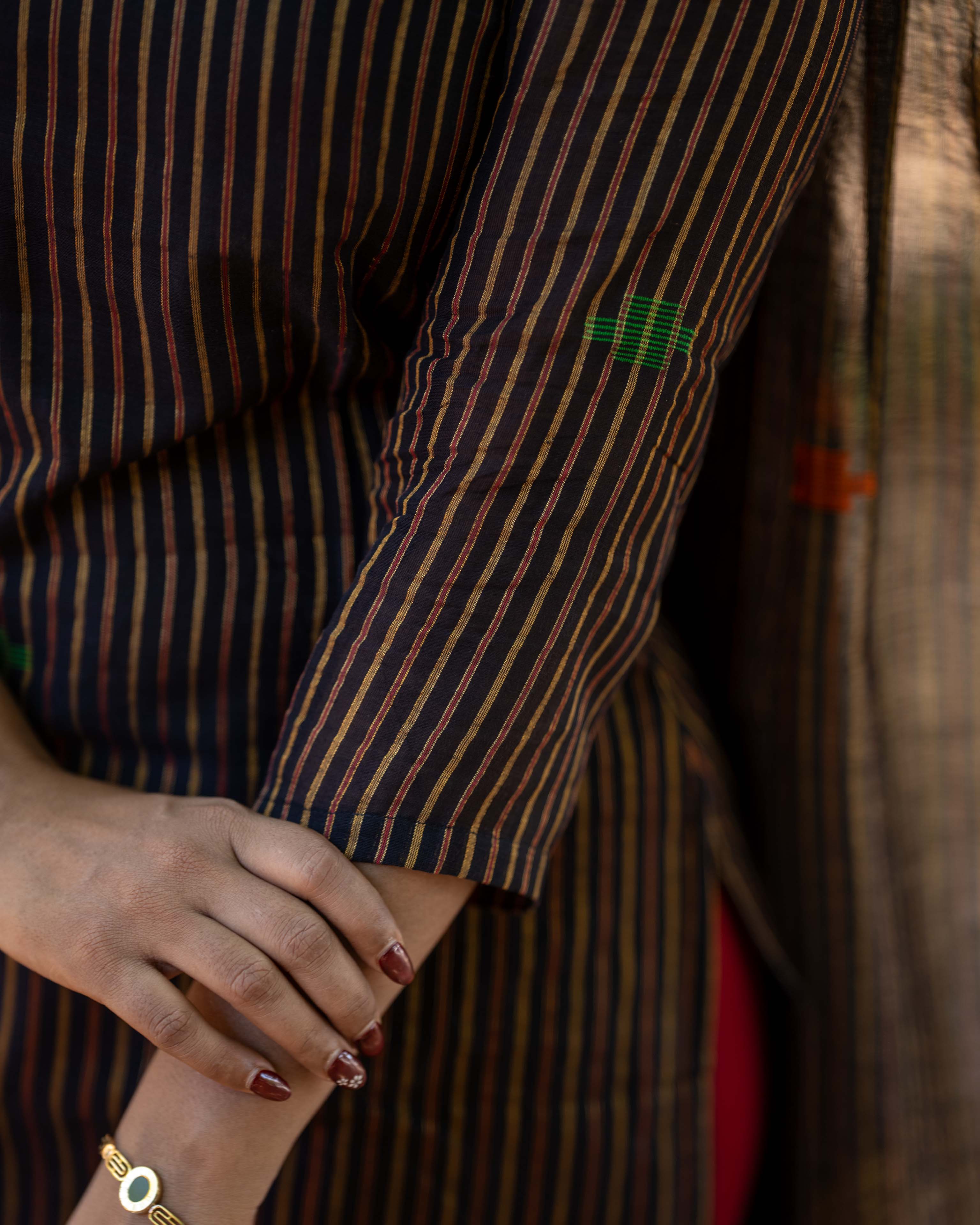 Black Cotton Kurta with Multicolour Striped Straight 3piece set