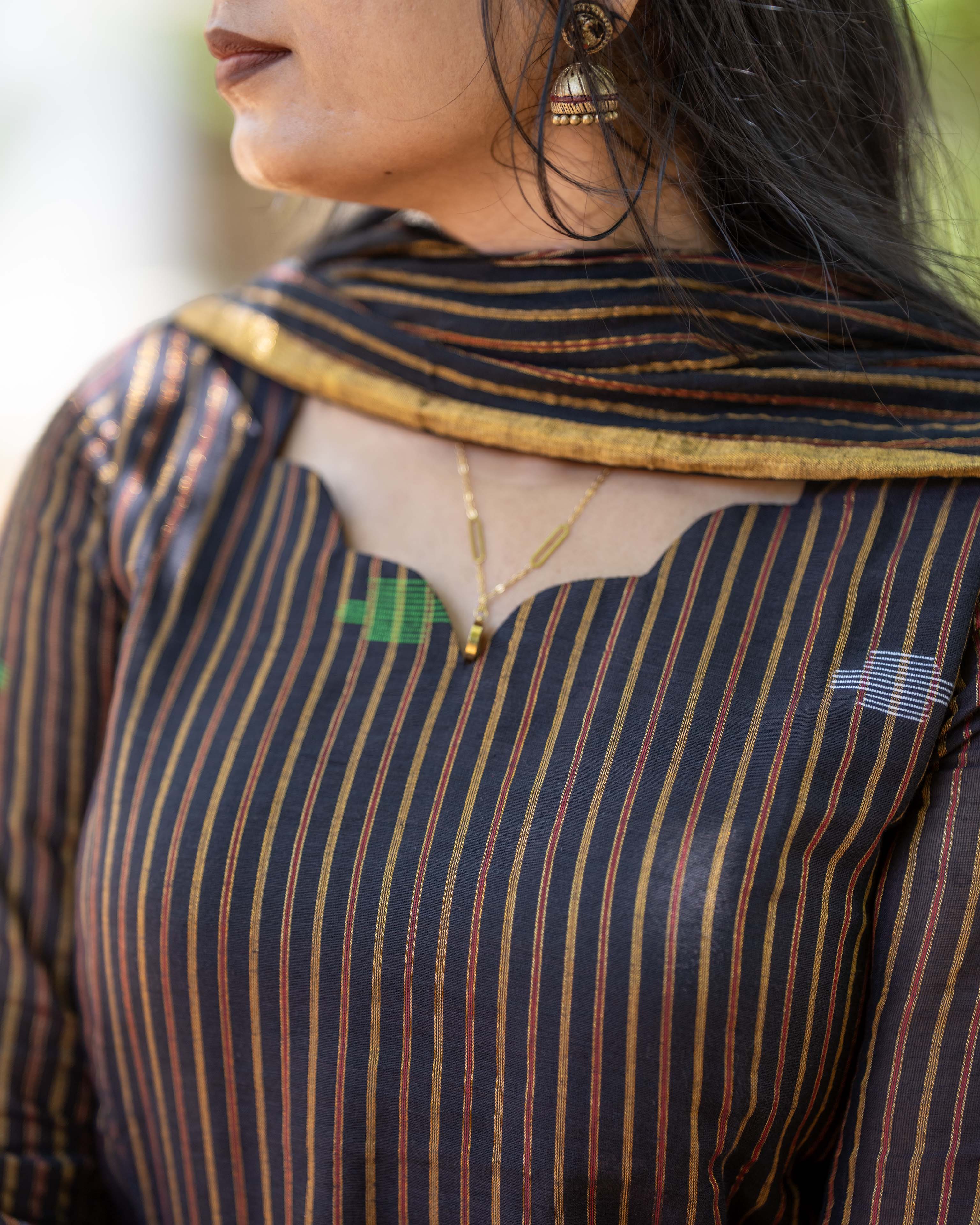 Black Cotton Kurta with Multicolour Striped Straight 3piece set