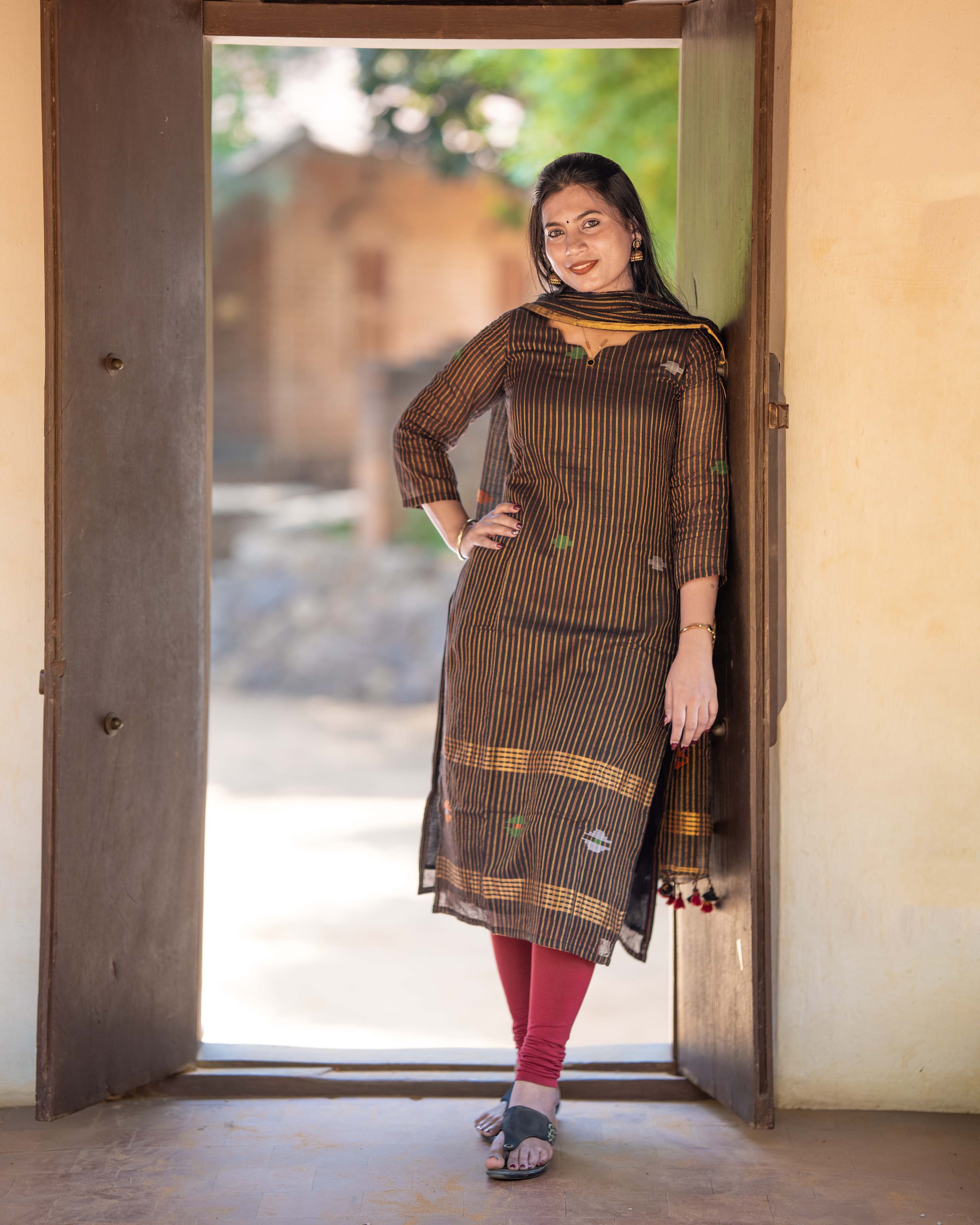 Black Cotton Kurta with Multicolour Striped Straight 3piece set