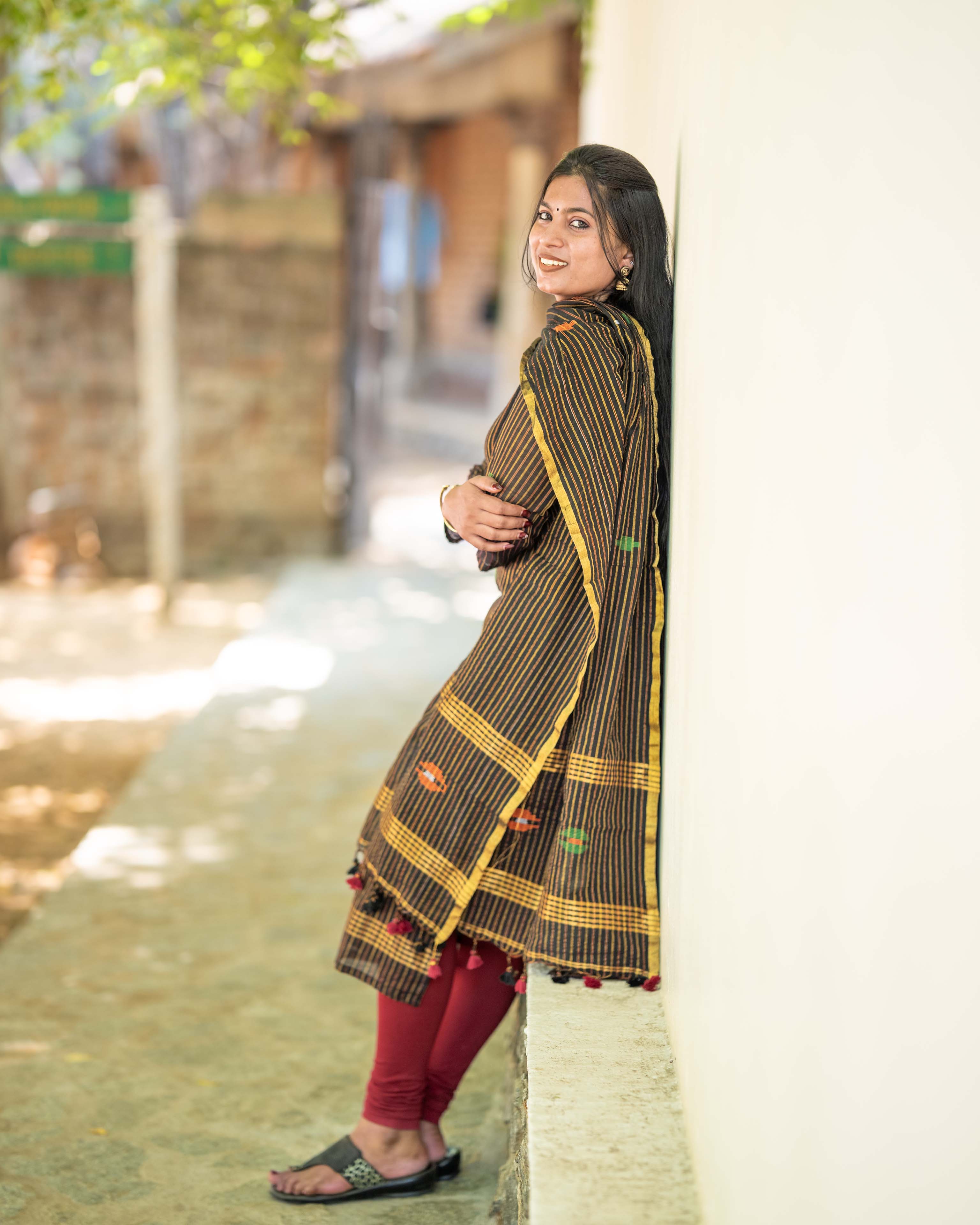 Black Cotton Kurta with Multicolour Striped Straight 3piece set