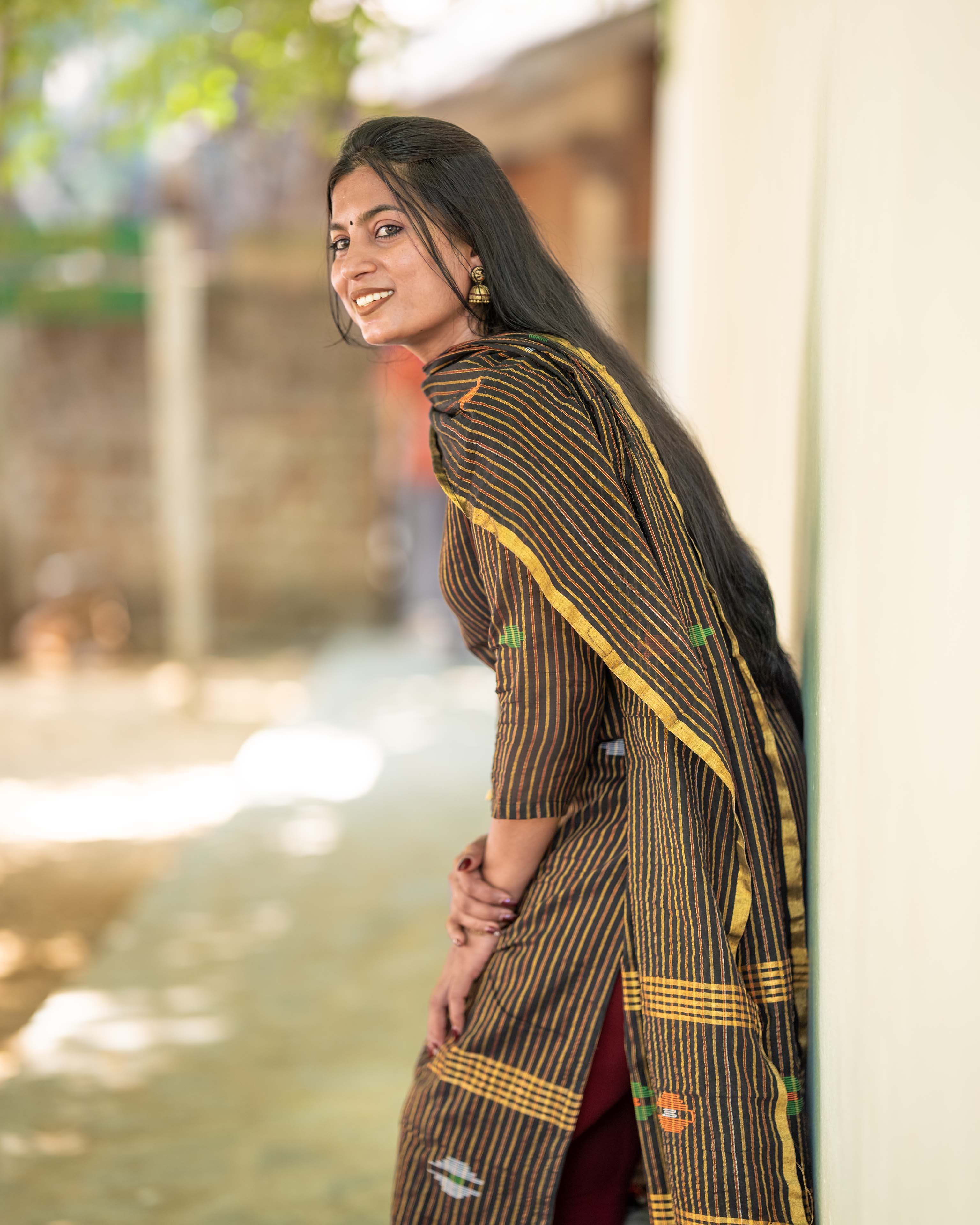 Black Cotton Kurta with Multicolour Striped Straight 3piece set