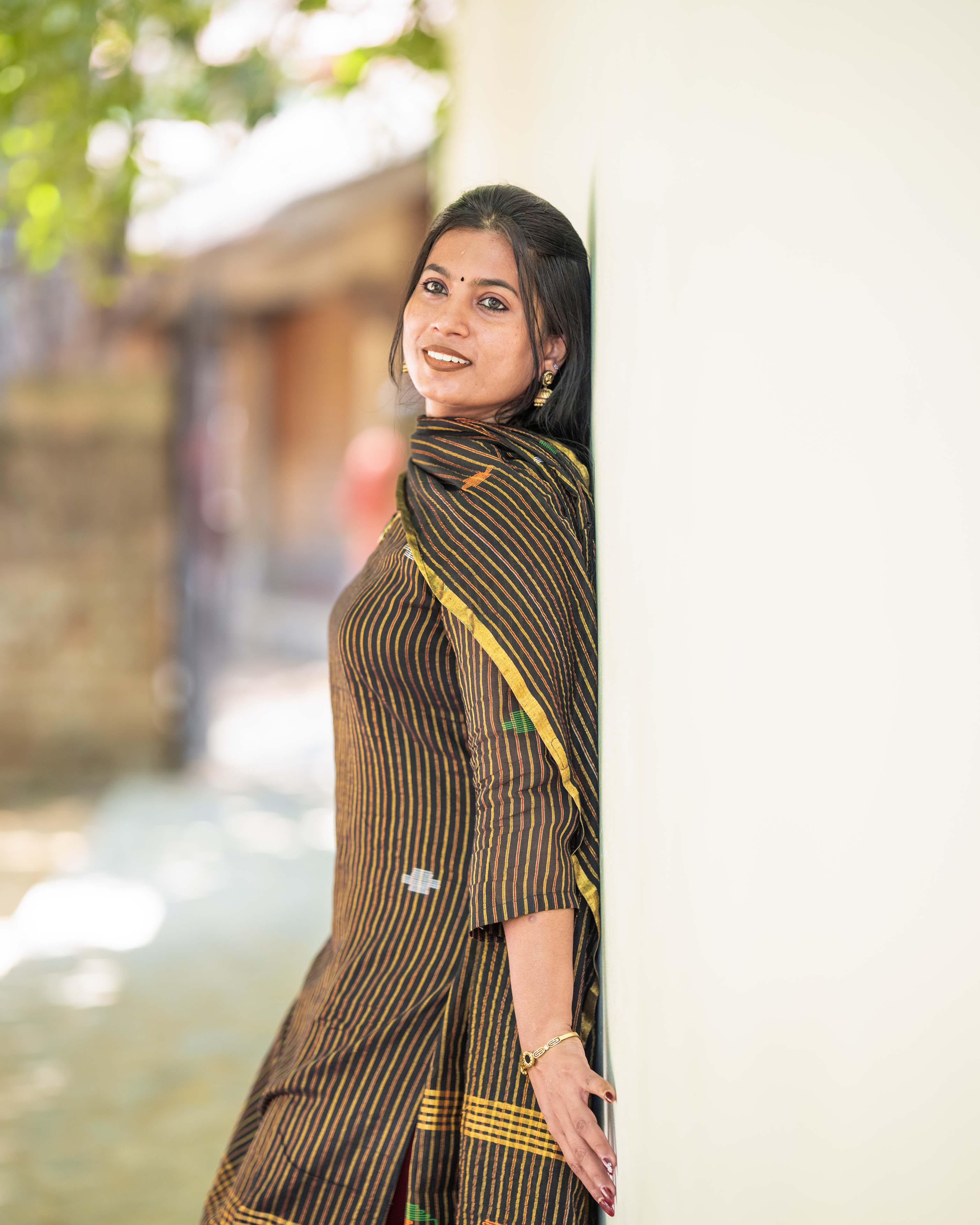 Black Cotton Kurta with Multicolour Striped Straight 3piece set