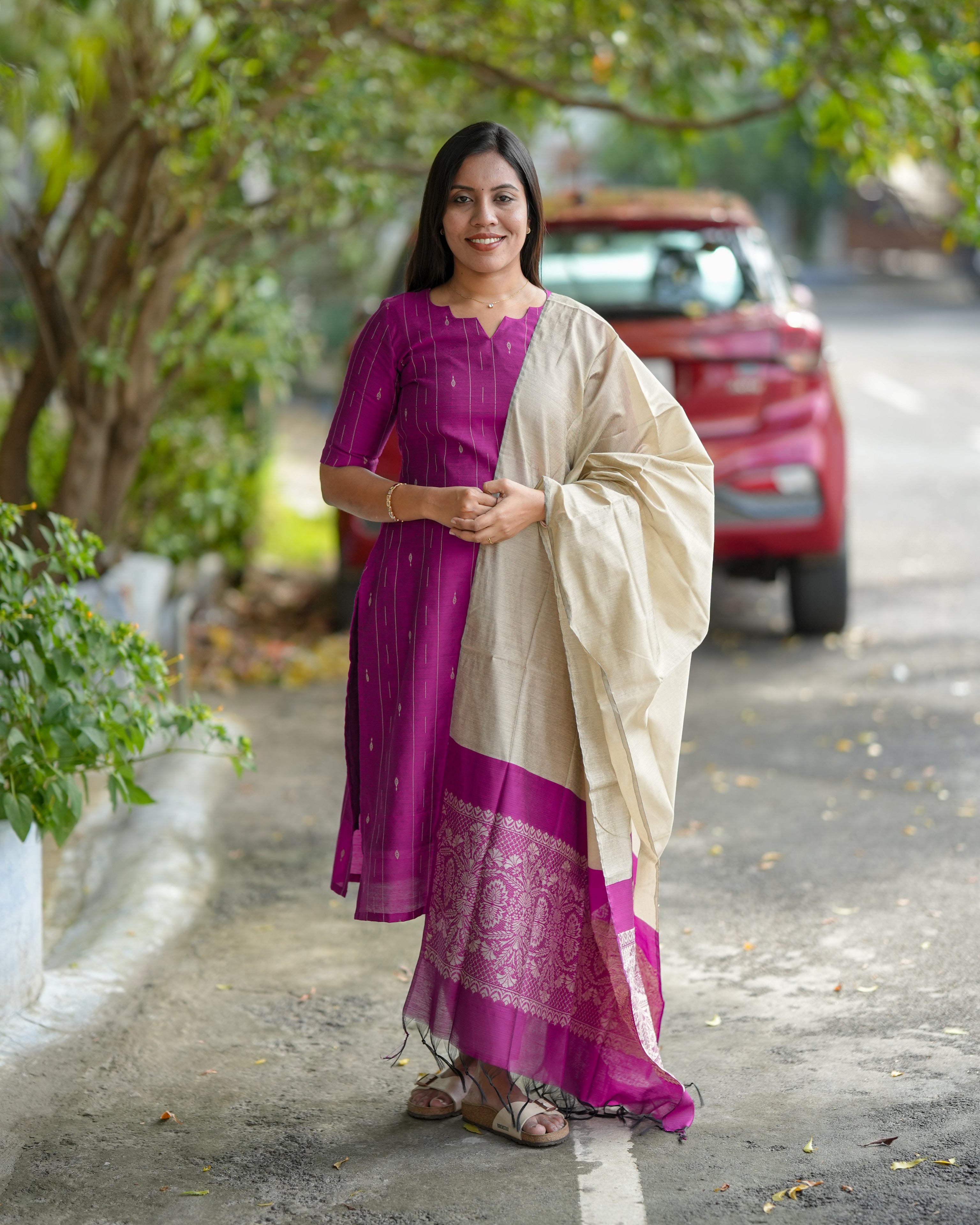 Purple Cotton Kurta Set with Beige Woven Dupatta for Women