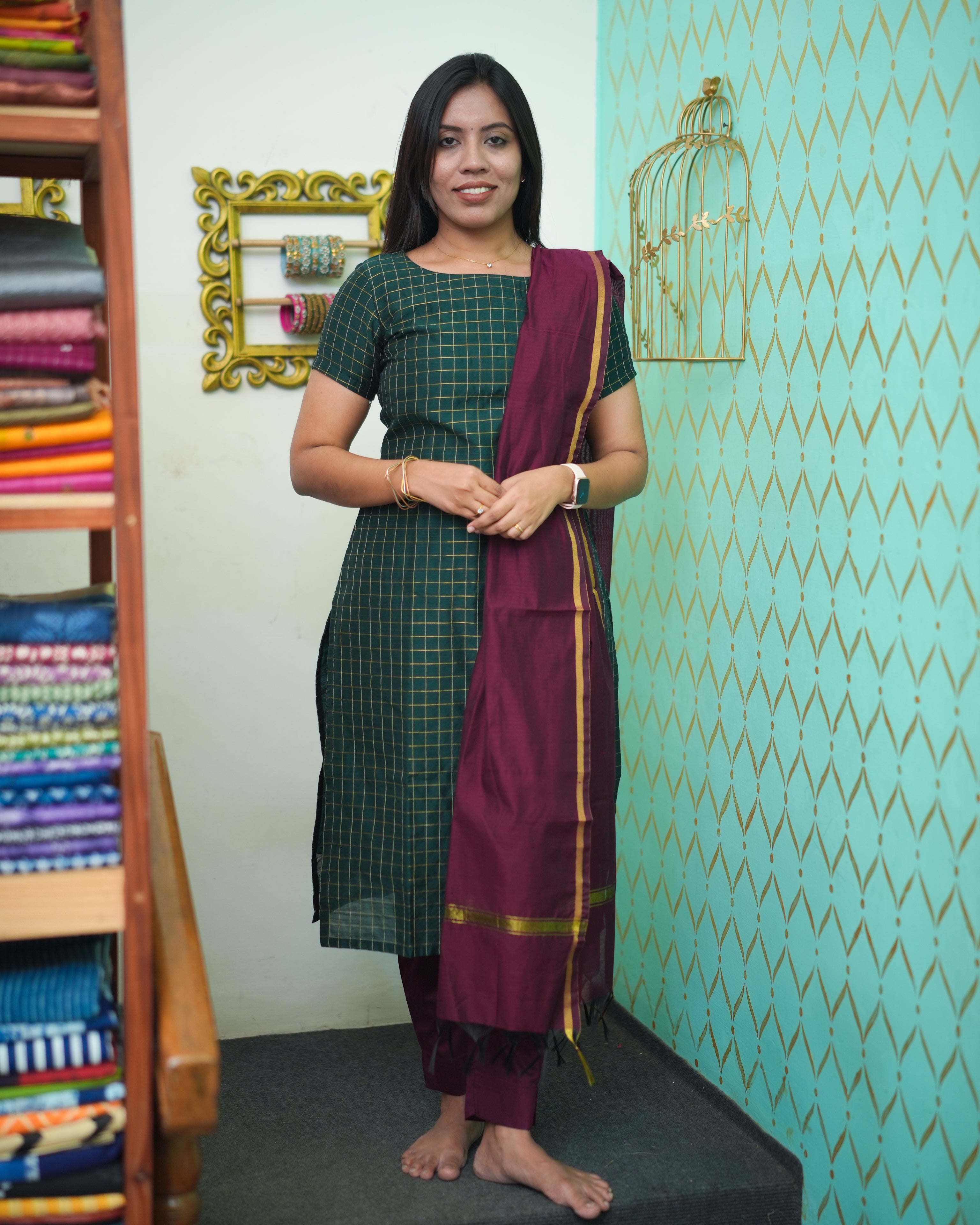 Dark Green Checkered Cotton Kurta Set with Maroon Dupatta