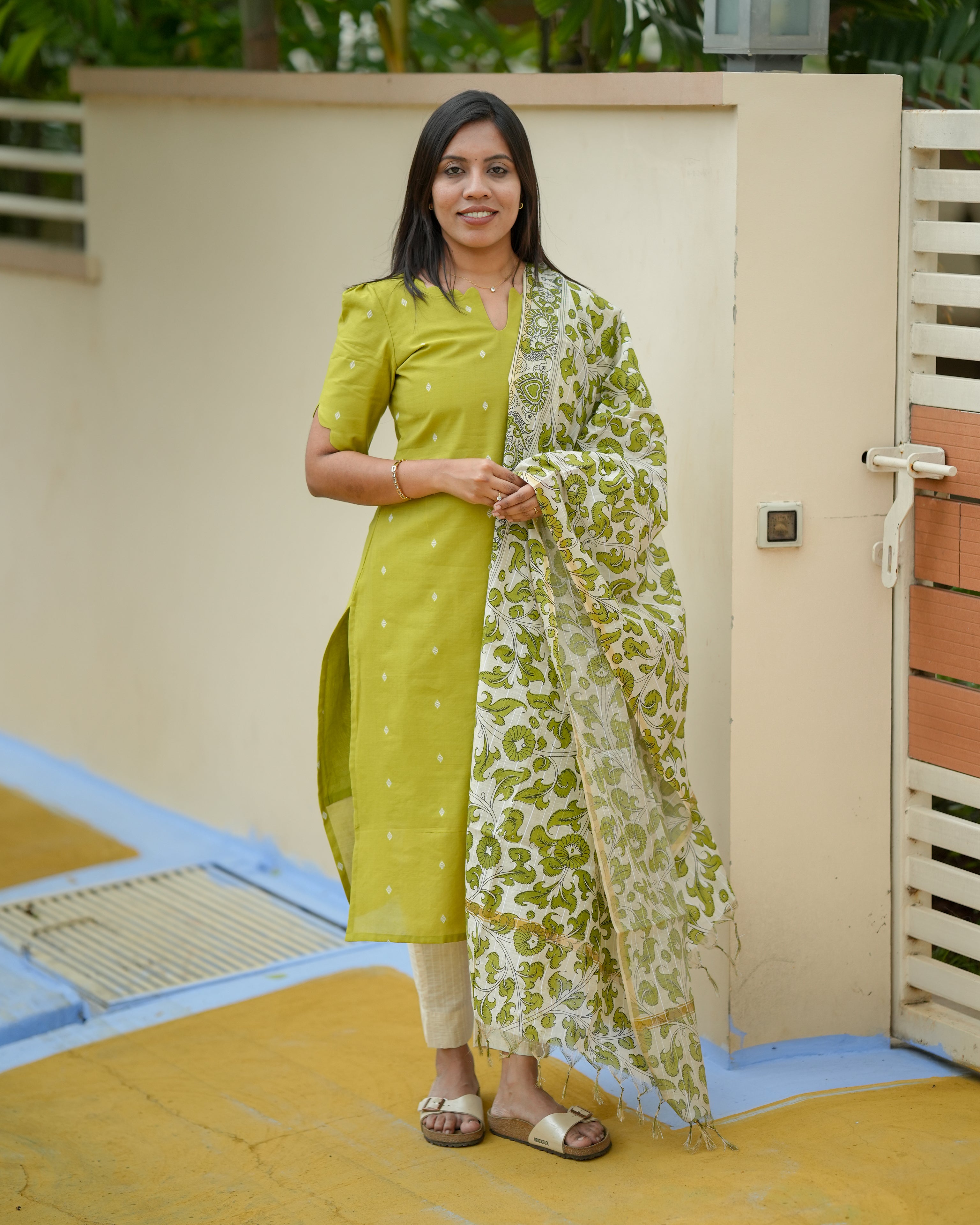 Green Cotton Kurta Set with Floral Printed Dupatta