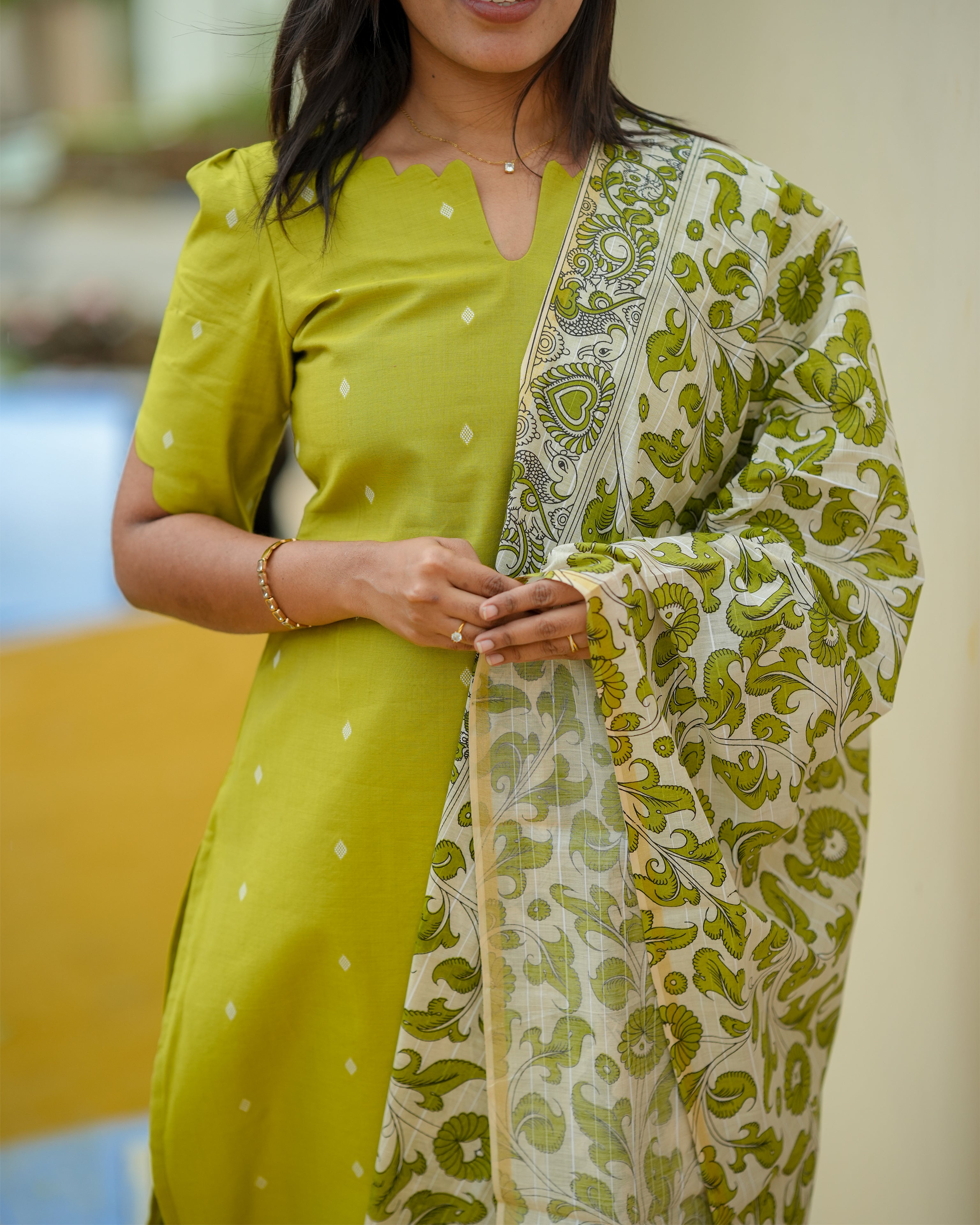 Green Cotton Kurta Set with Floral Printed Dupatta