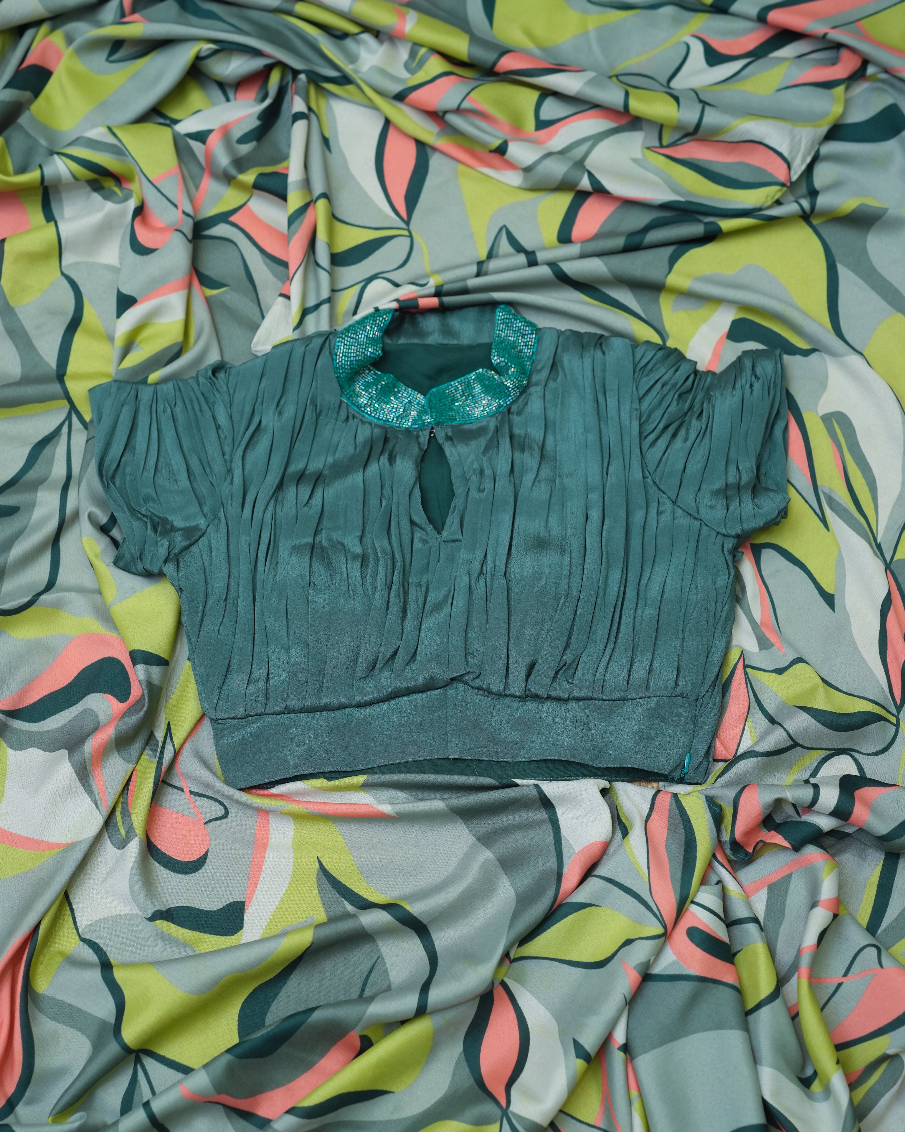 Teal Green Saree with Embellished Blouse