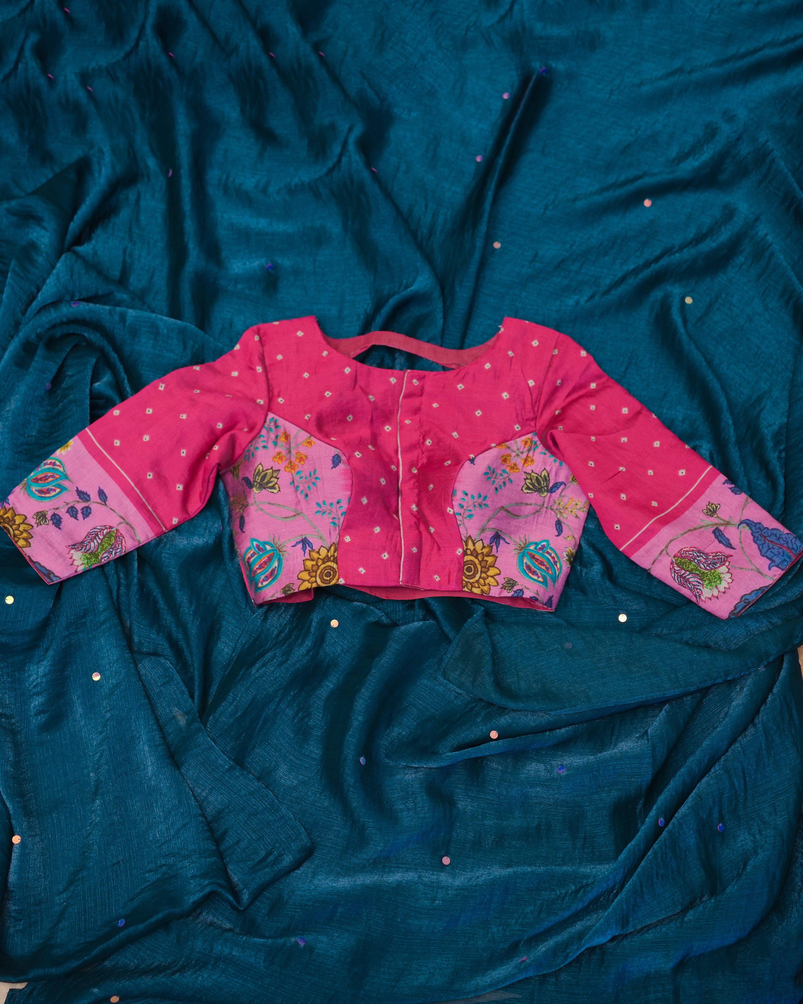 Teal Saree with Pink Printed Blouse