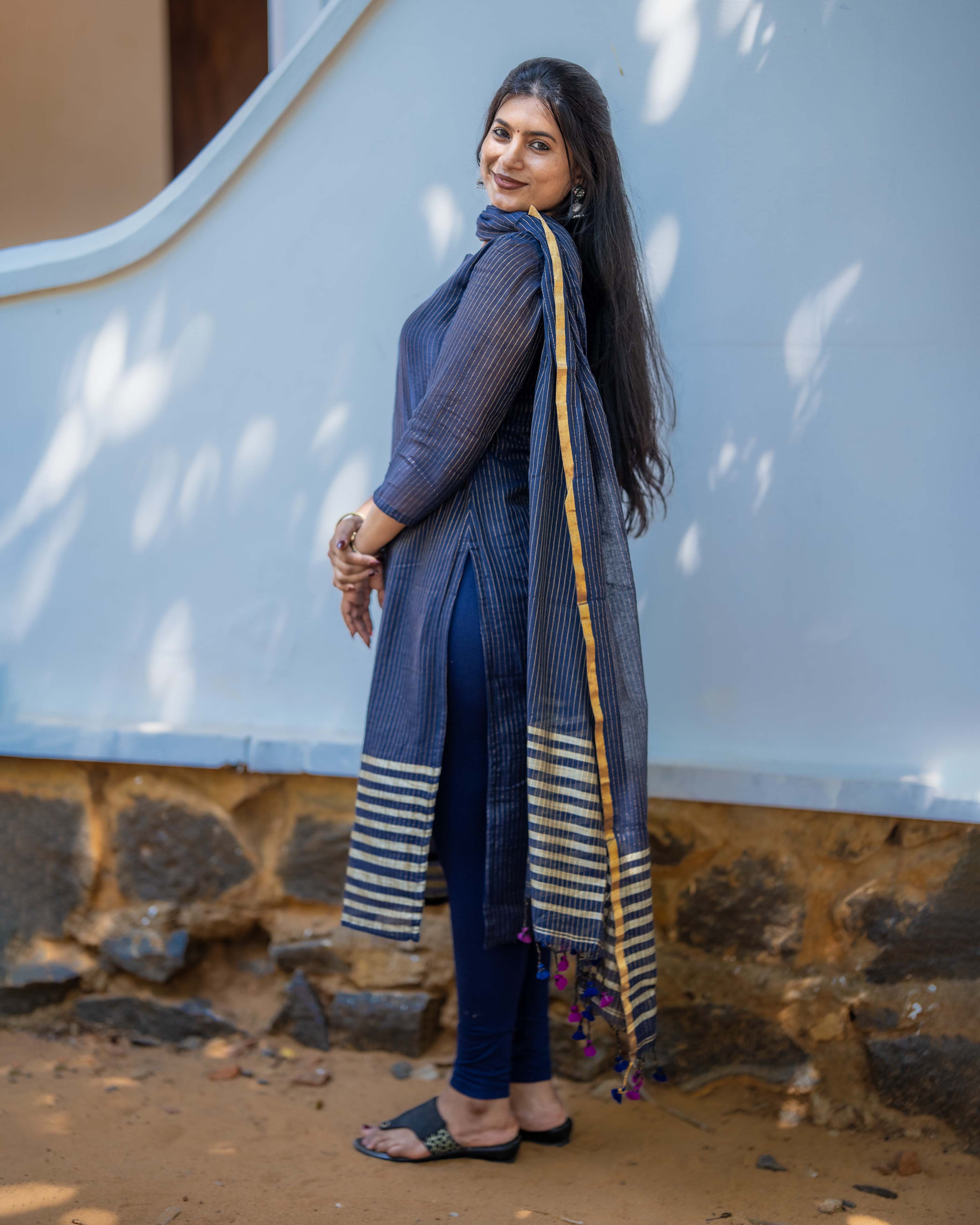 Navy Blue and Gold Striped Straight 3piece set