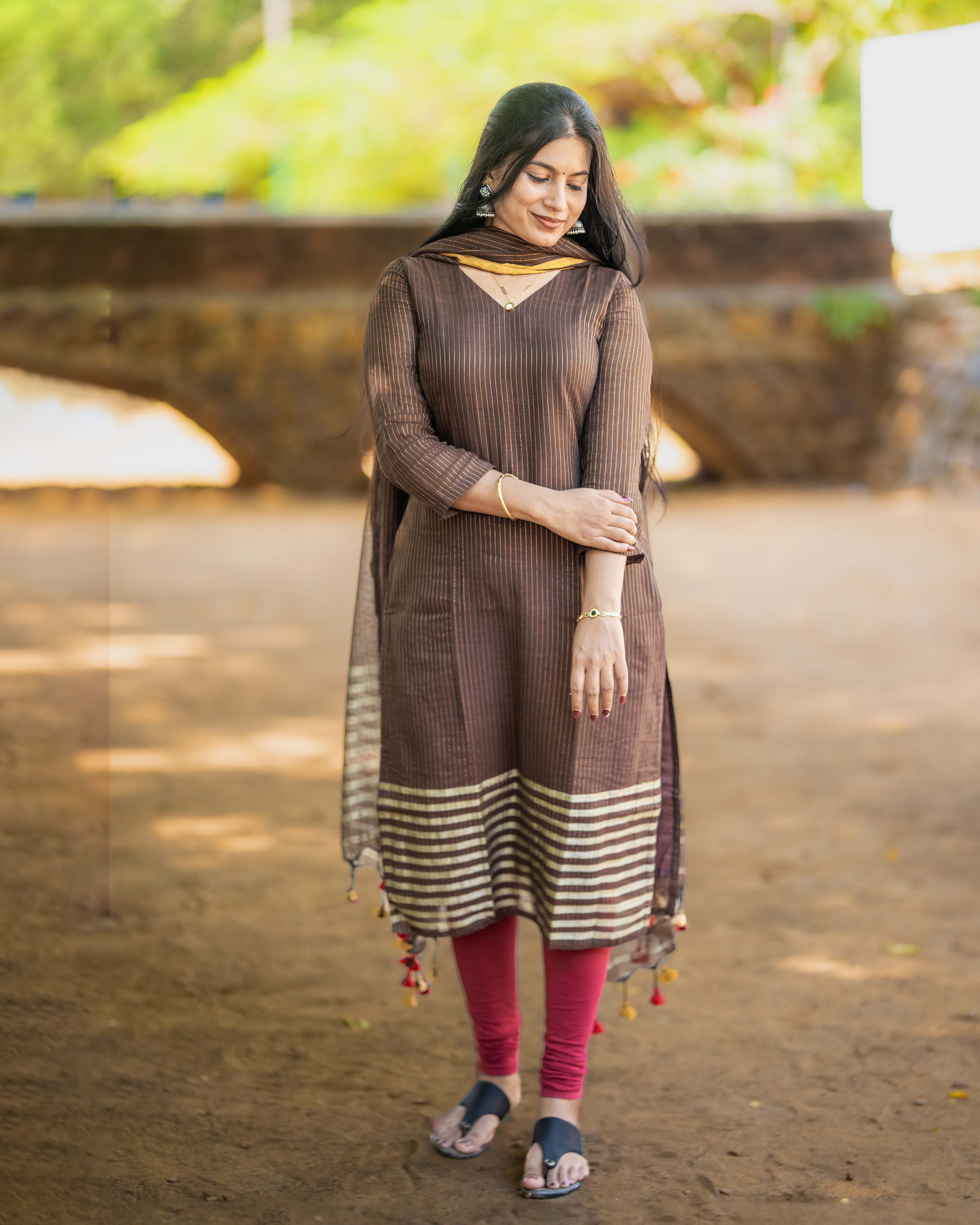Coffee Brown and Mustard Striped Straight 3piece set