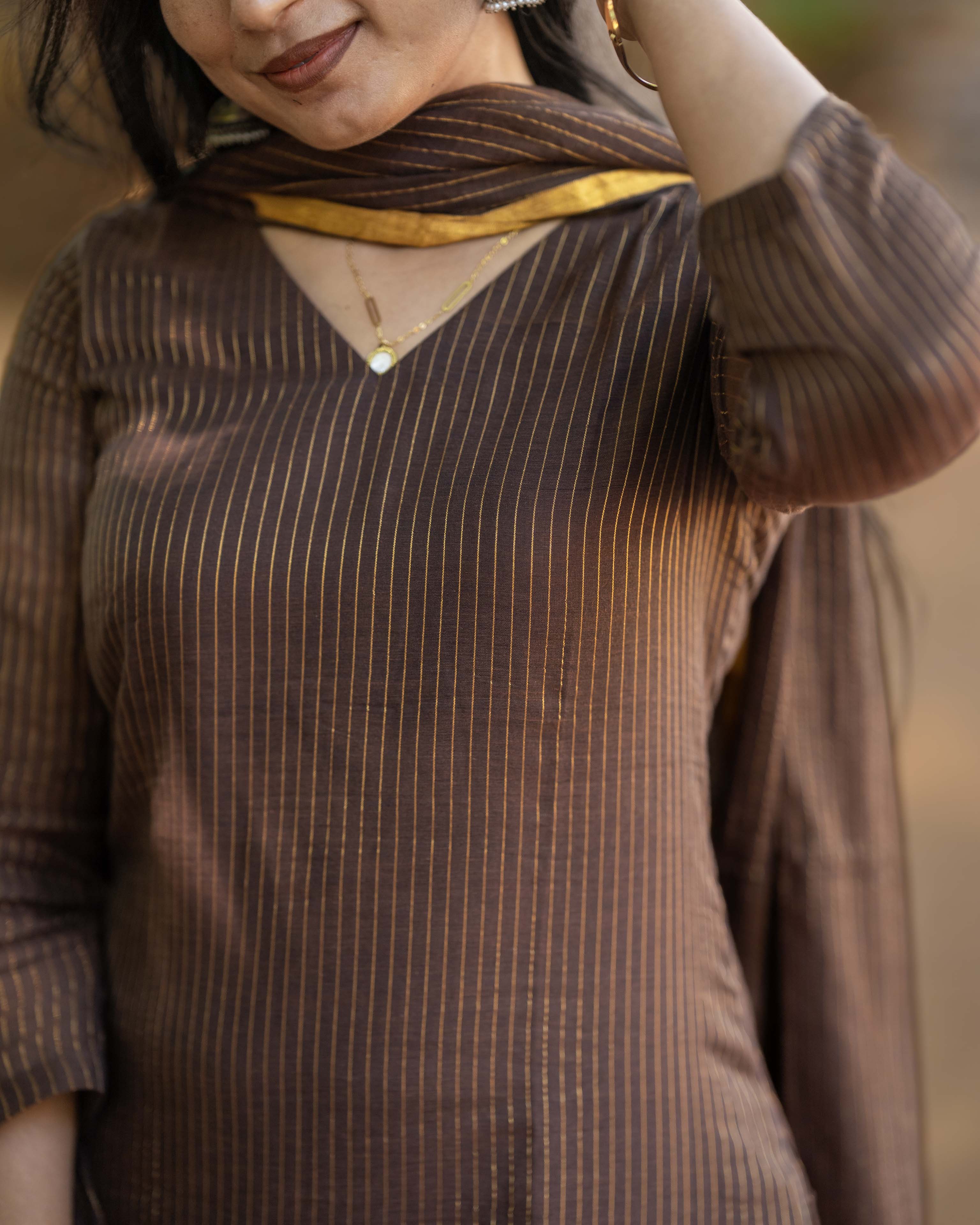 Coffee Brown and Mustard Striped Straight 3piece set