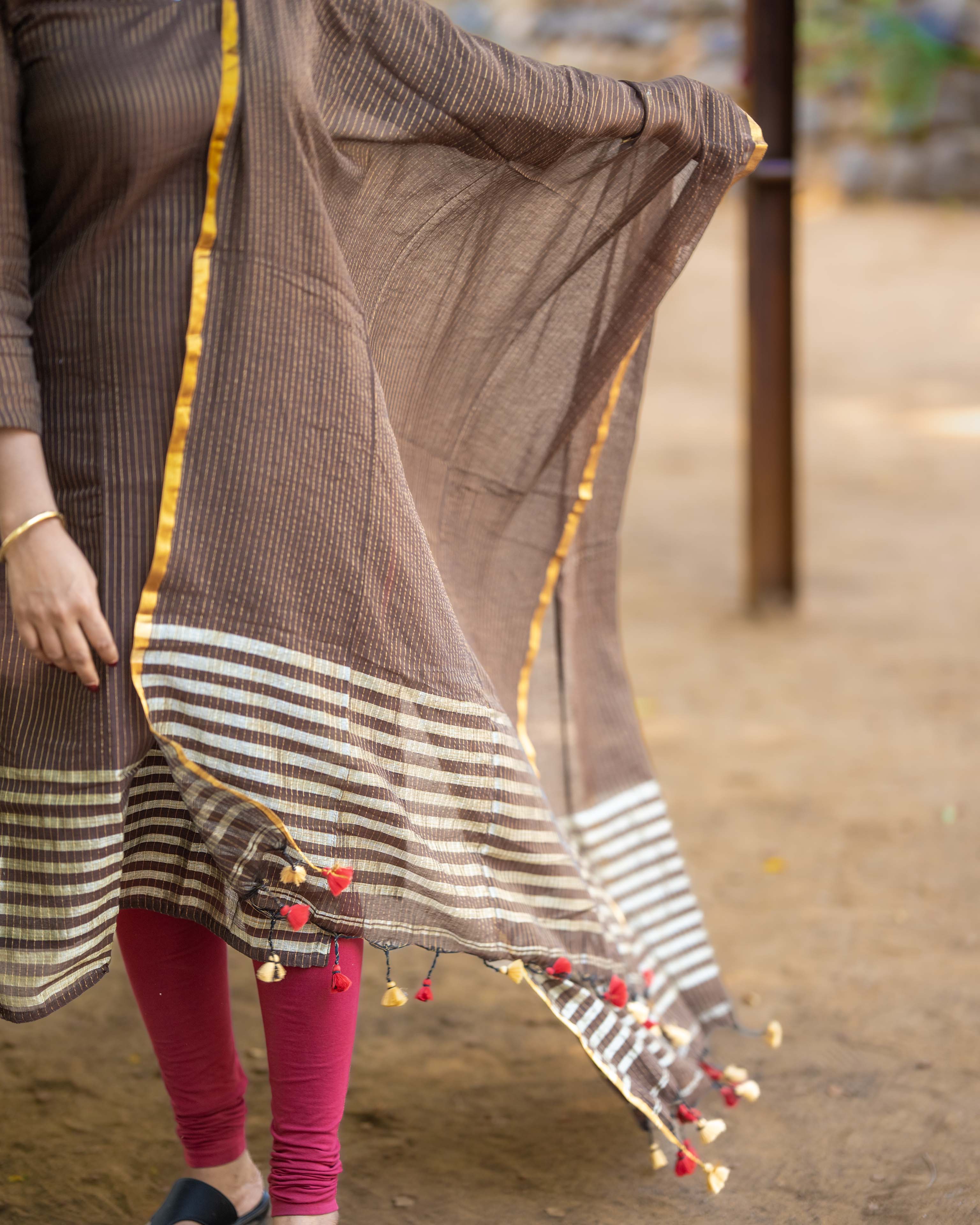 Coffee Brown and Mustard Striped Straight 3piece set