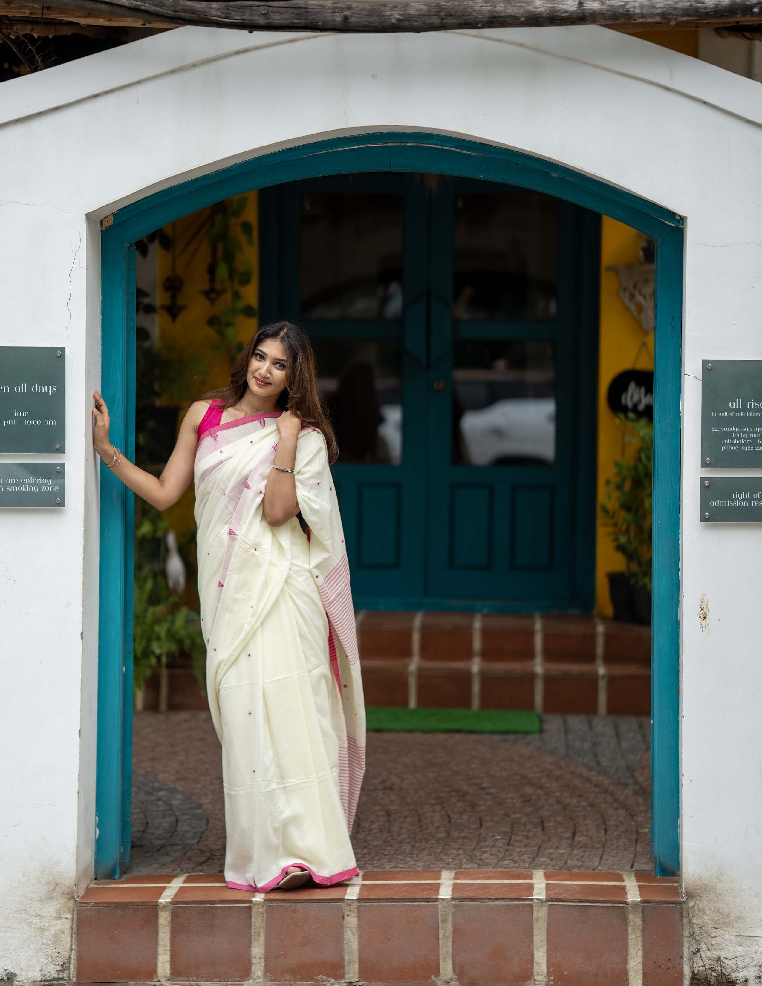 Ivory Handwoven Khadi Saree with Rose Pink Border