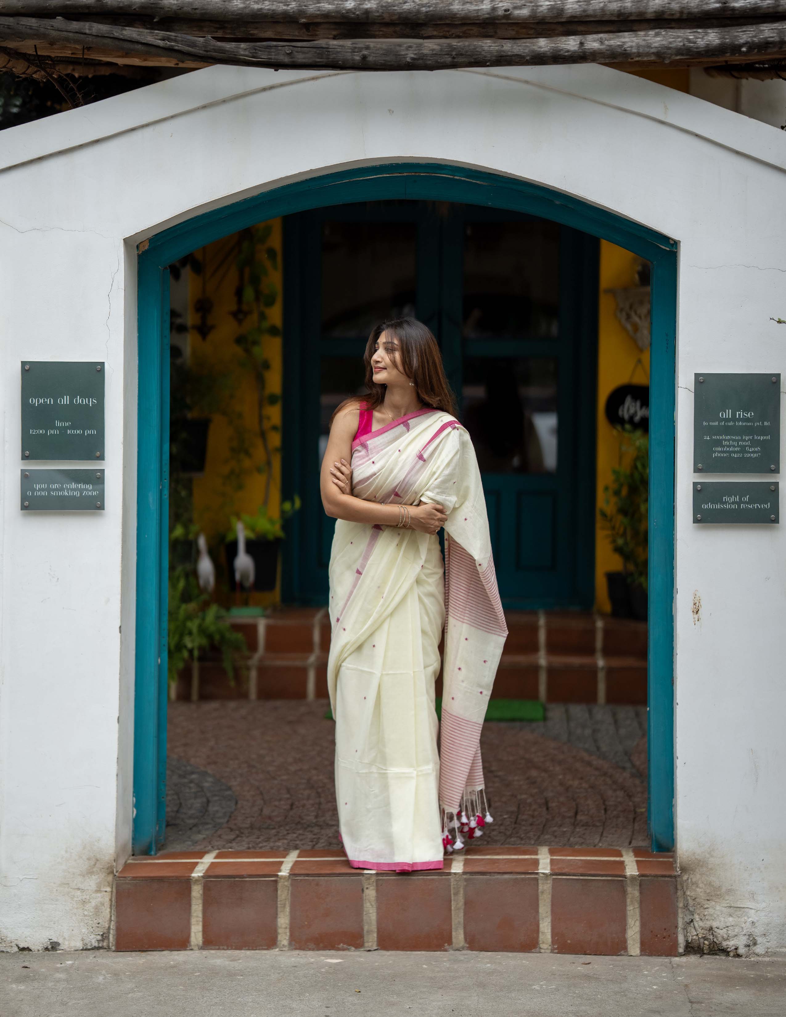Ivory Handwoven Khadi Saree with Rose Pink Border