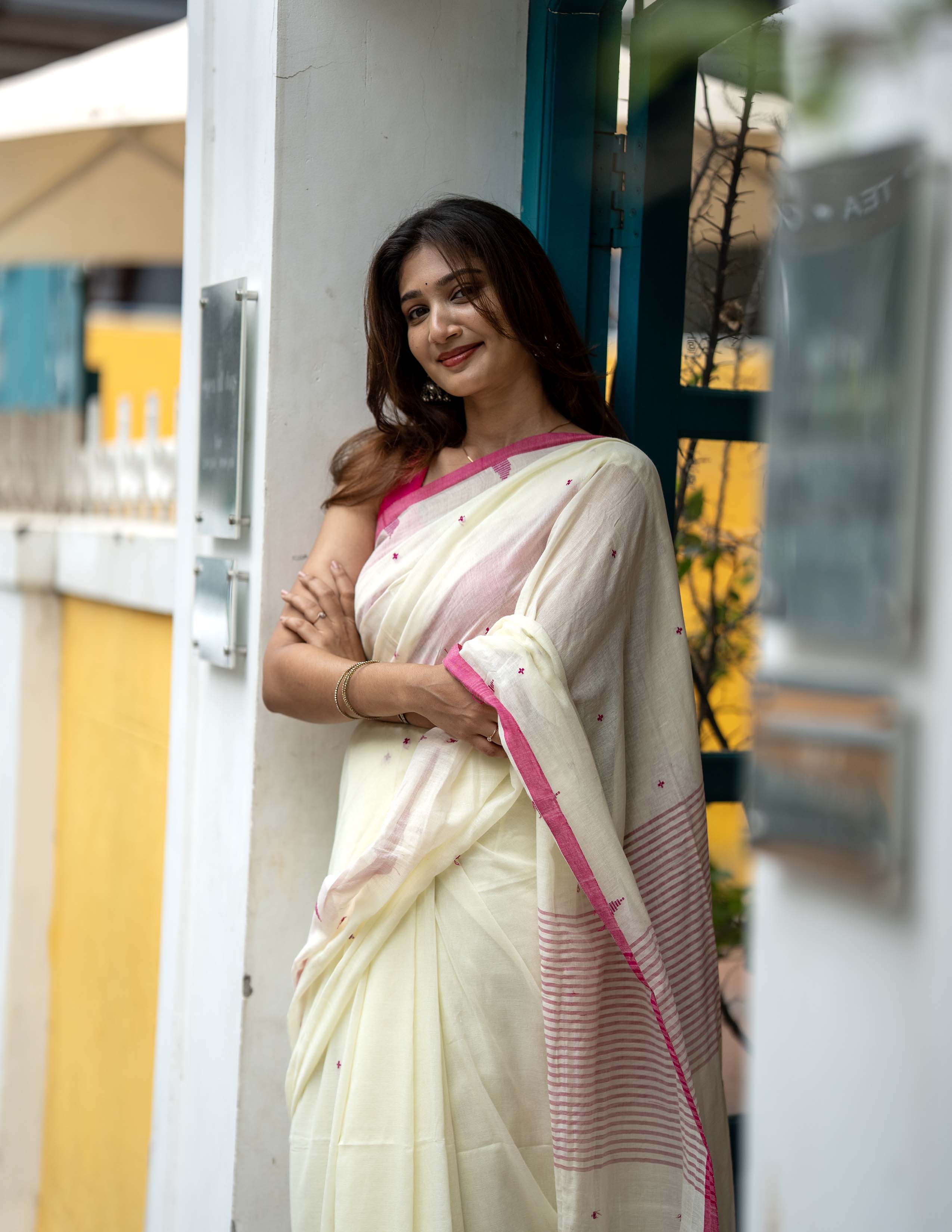 Ivory Handwoven Khadi Saree with Rose Pink Border