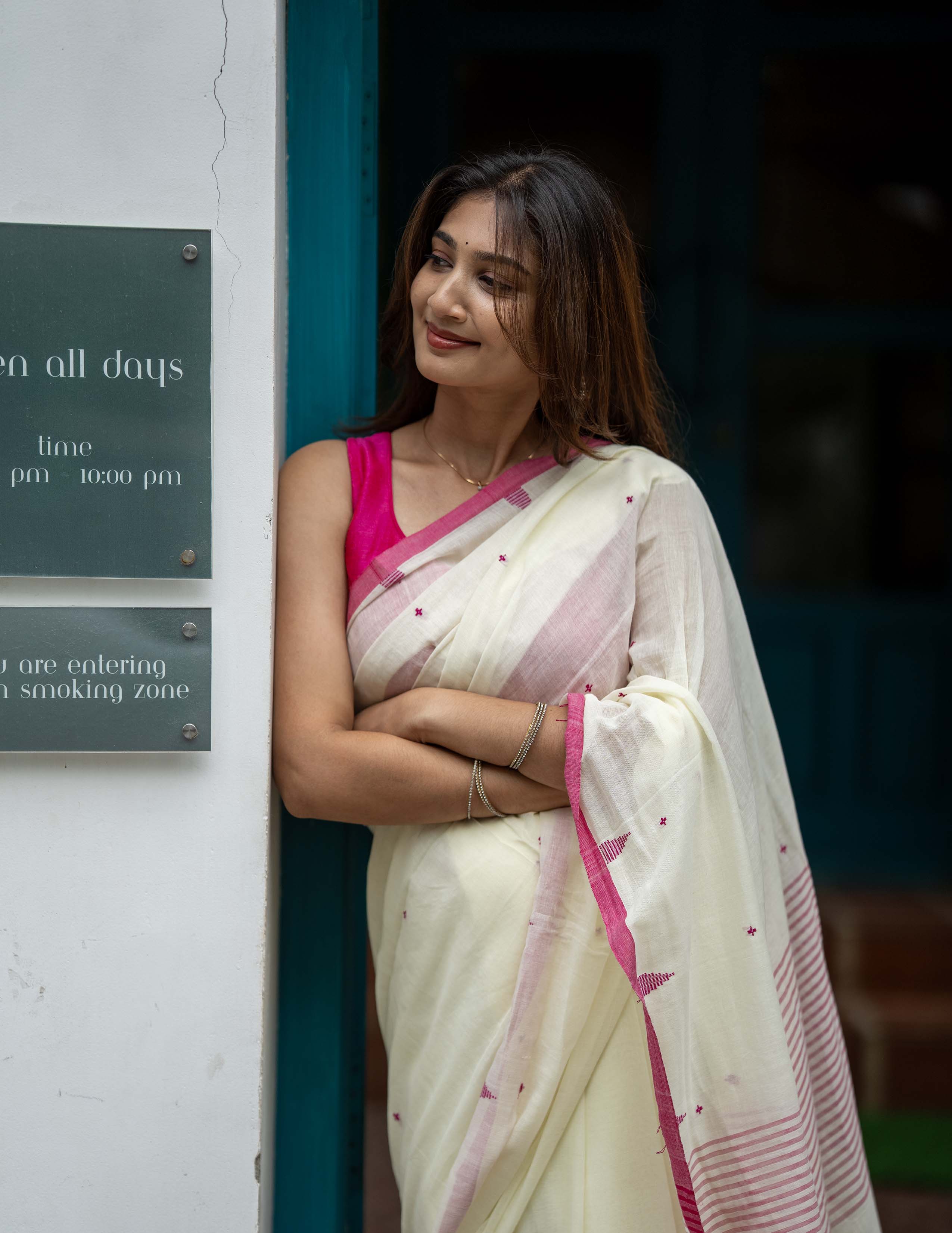 Ivory Handwoven Khadi Saree with Rose Pink Border