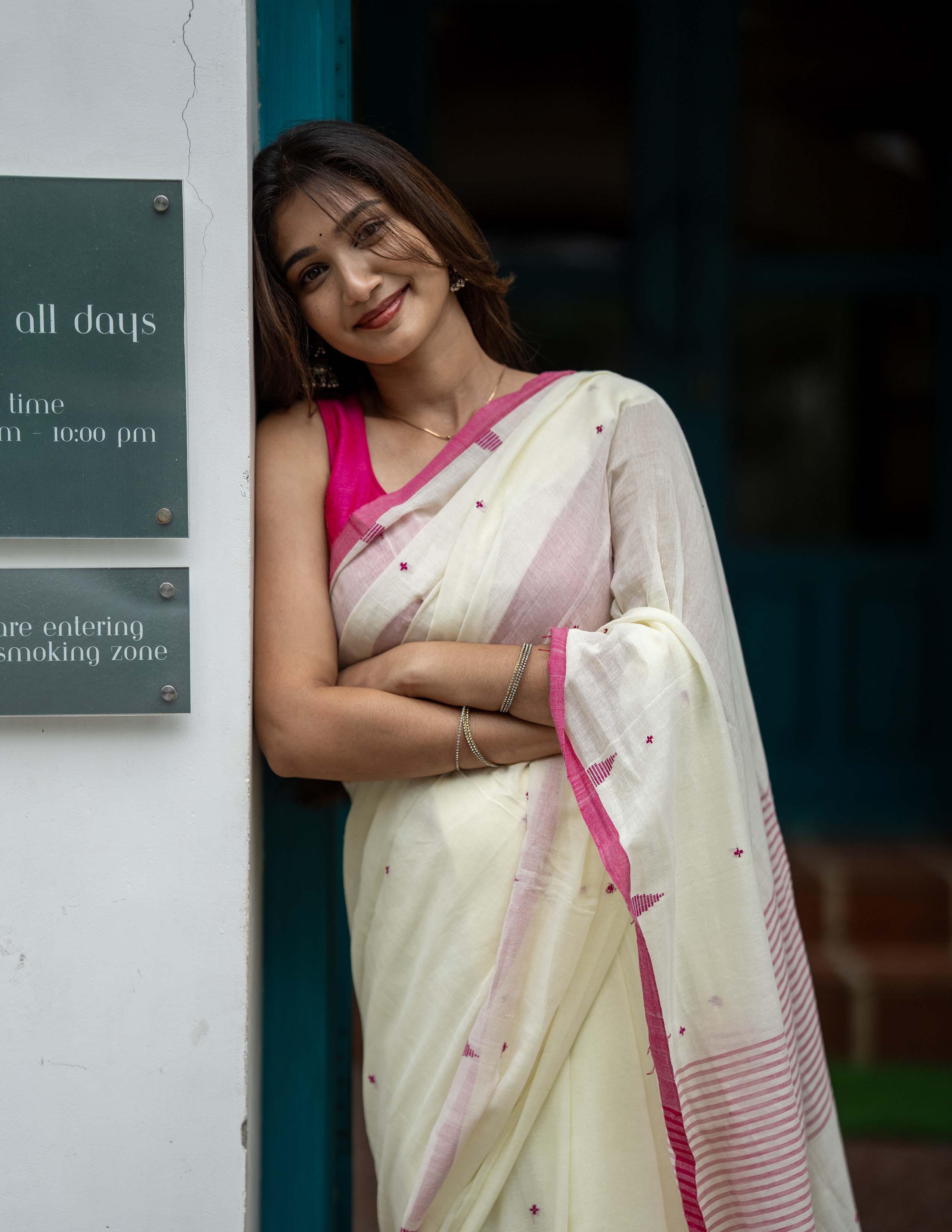 Ivory Handwoven Khadi Saree with Rose Pink Border