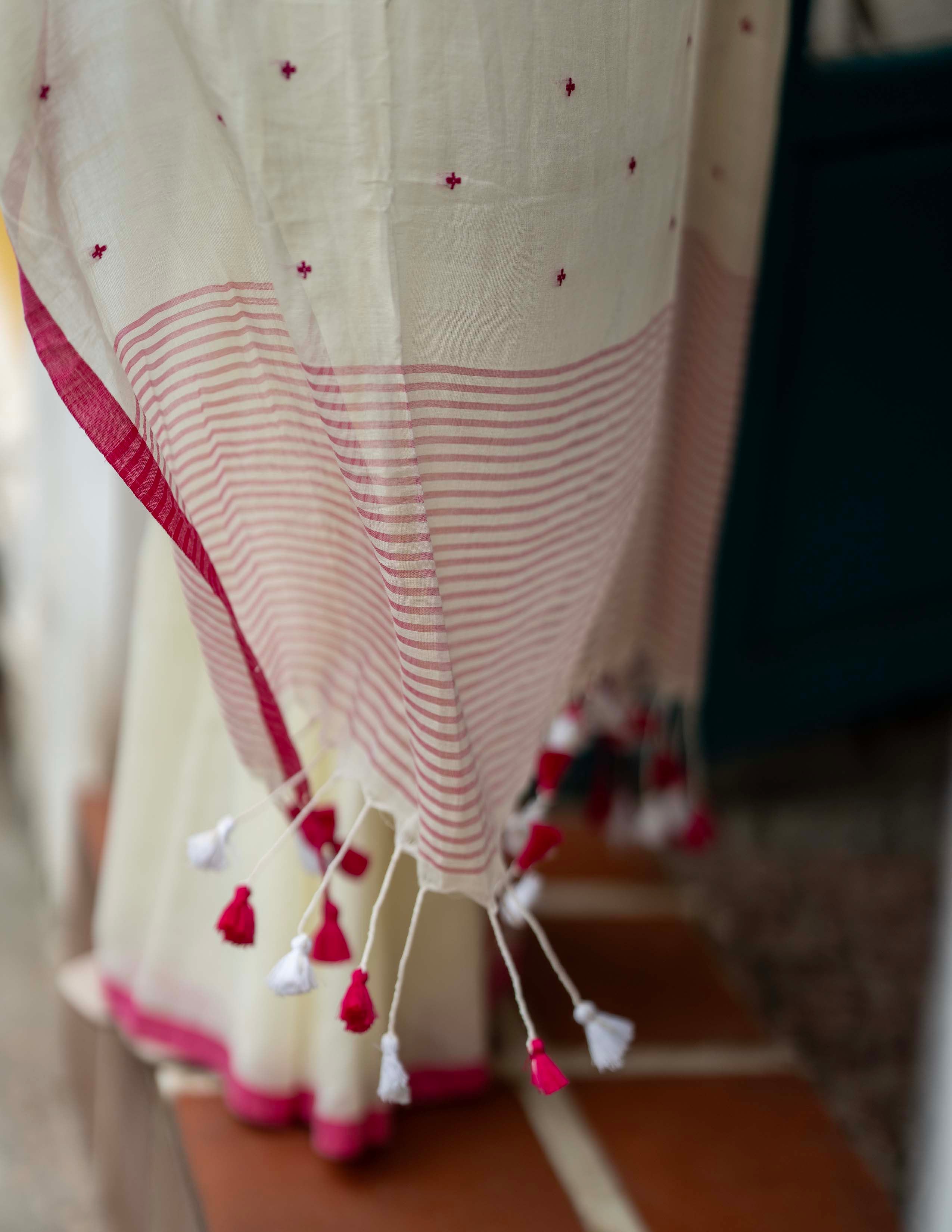 Ivory Handwoven Khadi Saree with Rose Pink Border