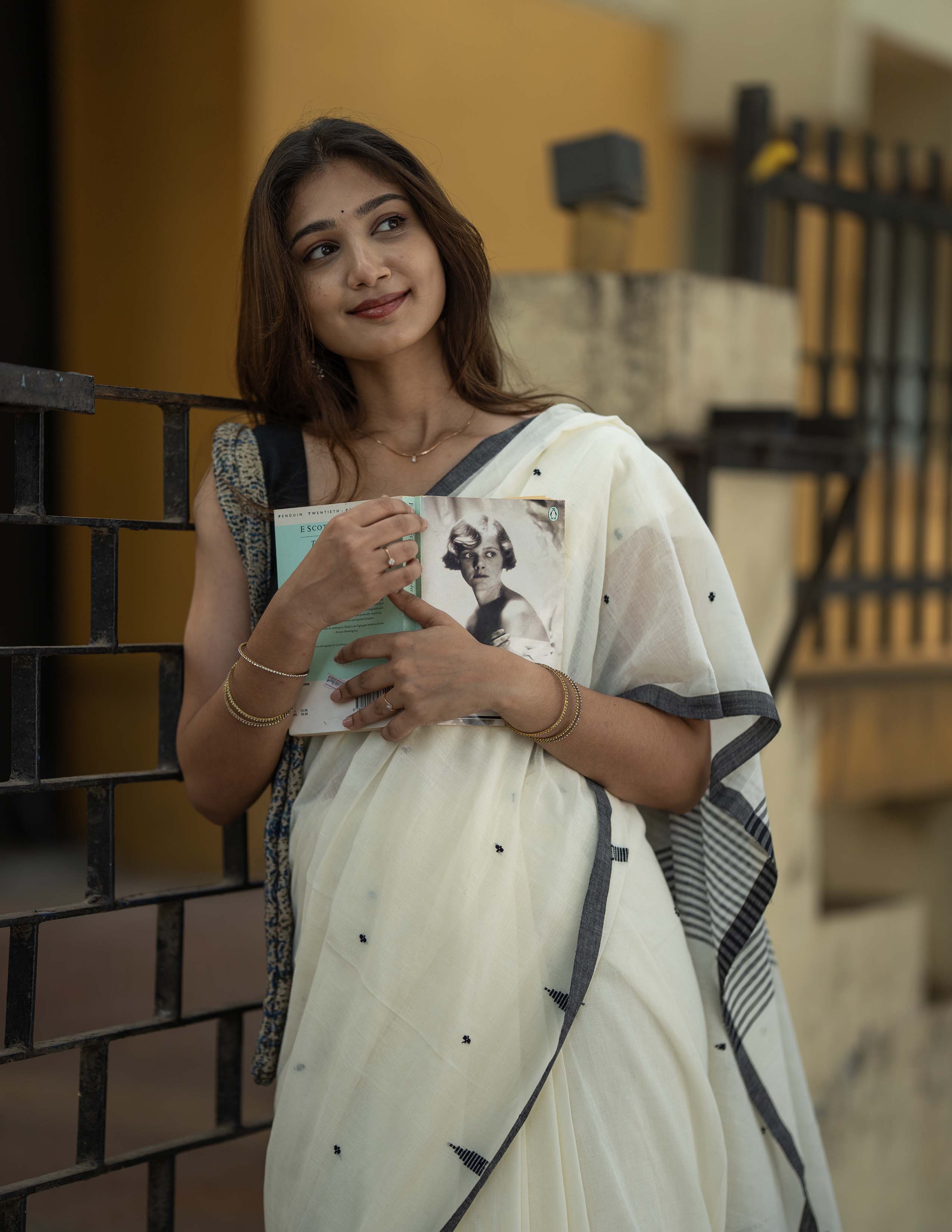 Ivory Khadi Saree with Charcoal Grey Border