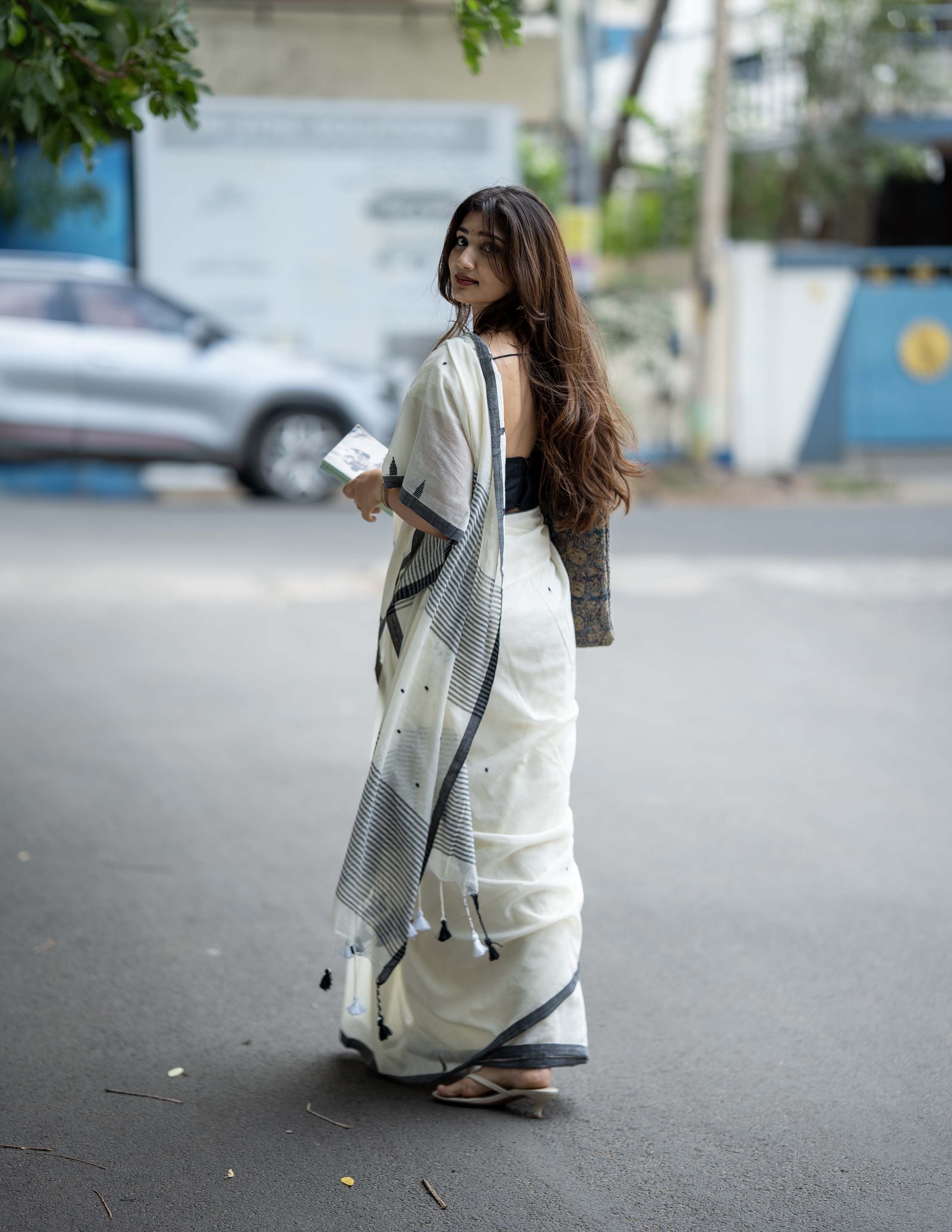 Ivory Khadi Saree with Charcoal Grey Border