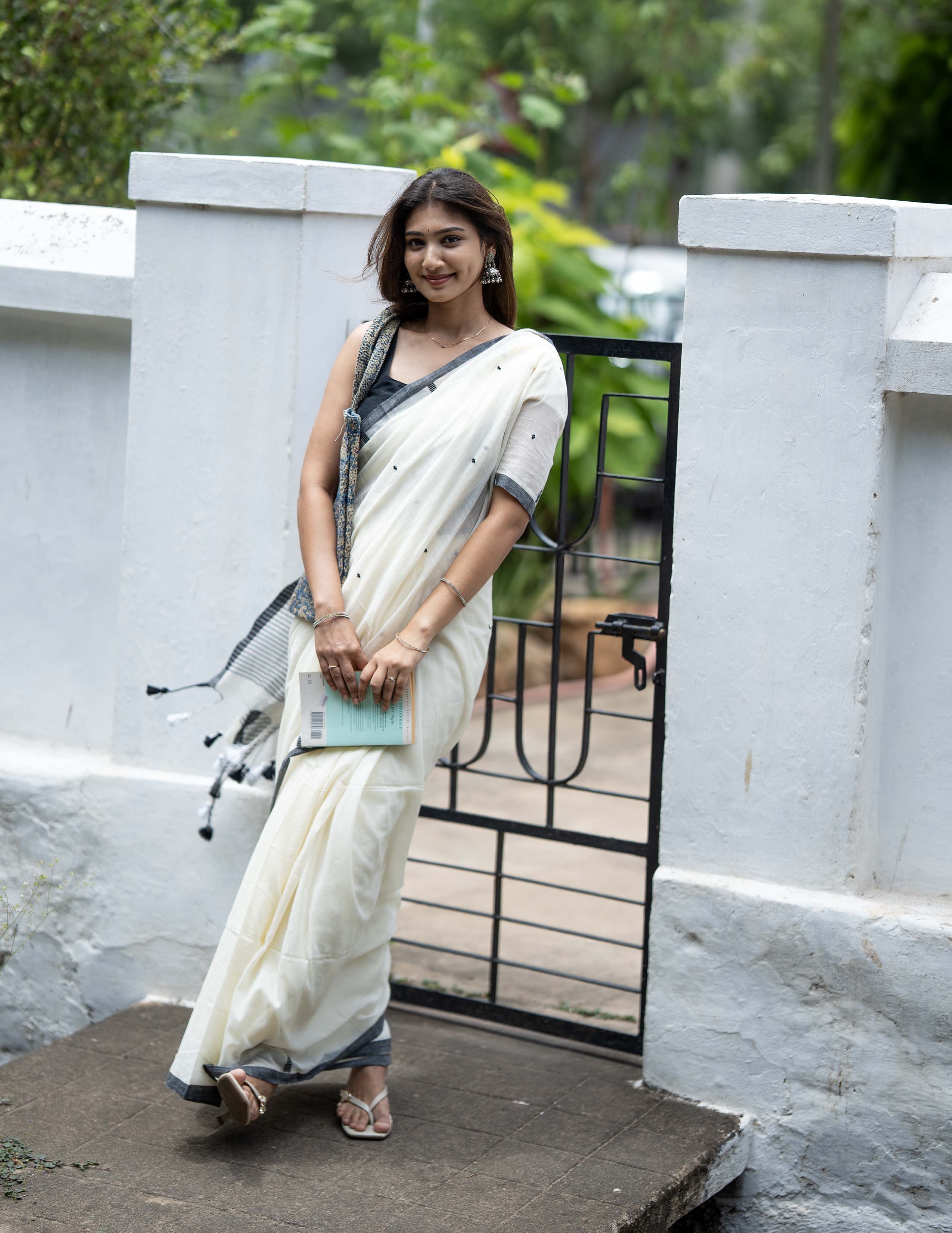 Ivory Khadi Saree with Charcoal Grey Border