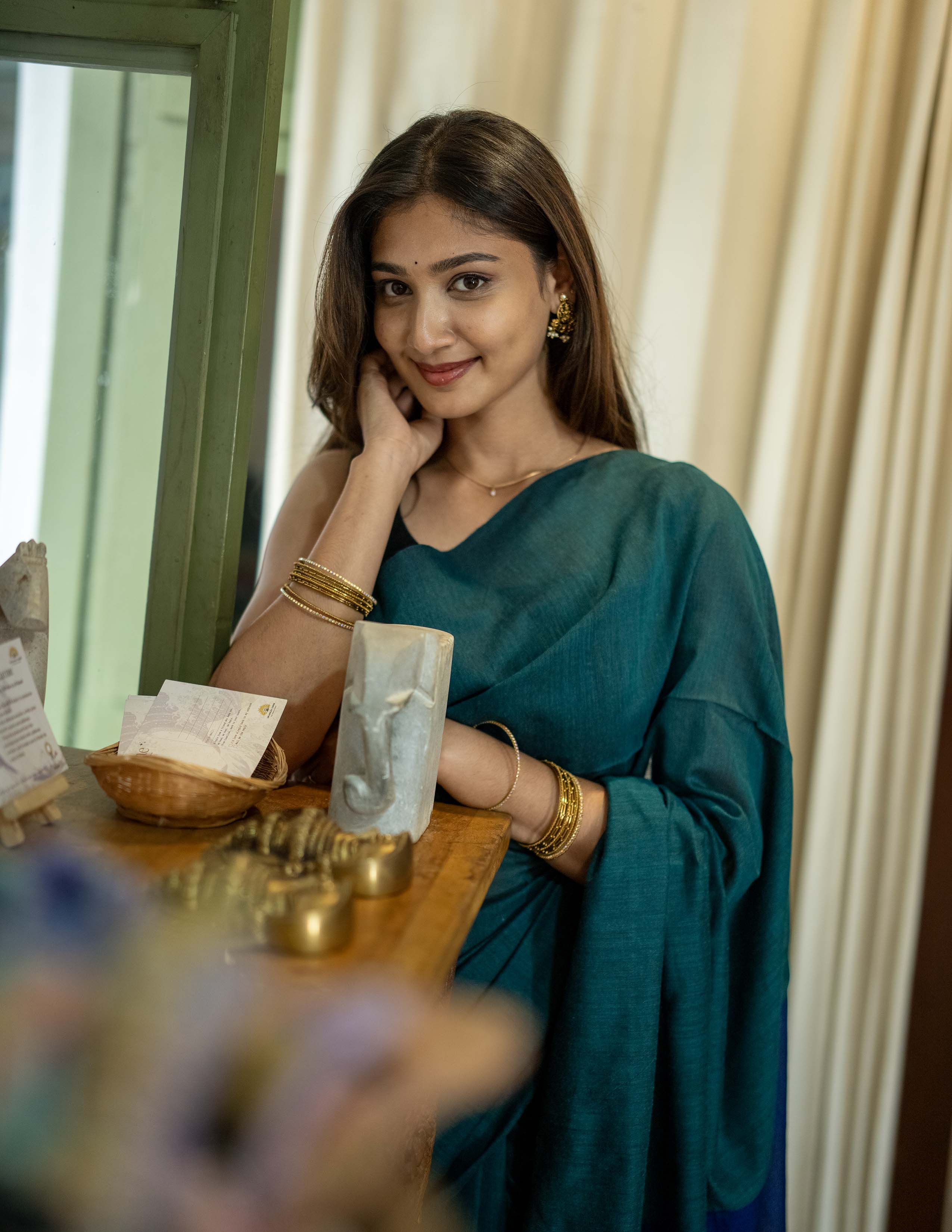 Midnight Teal Khadi Saree with Royal Blue Border