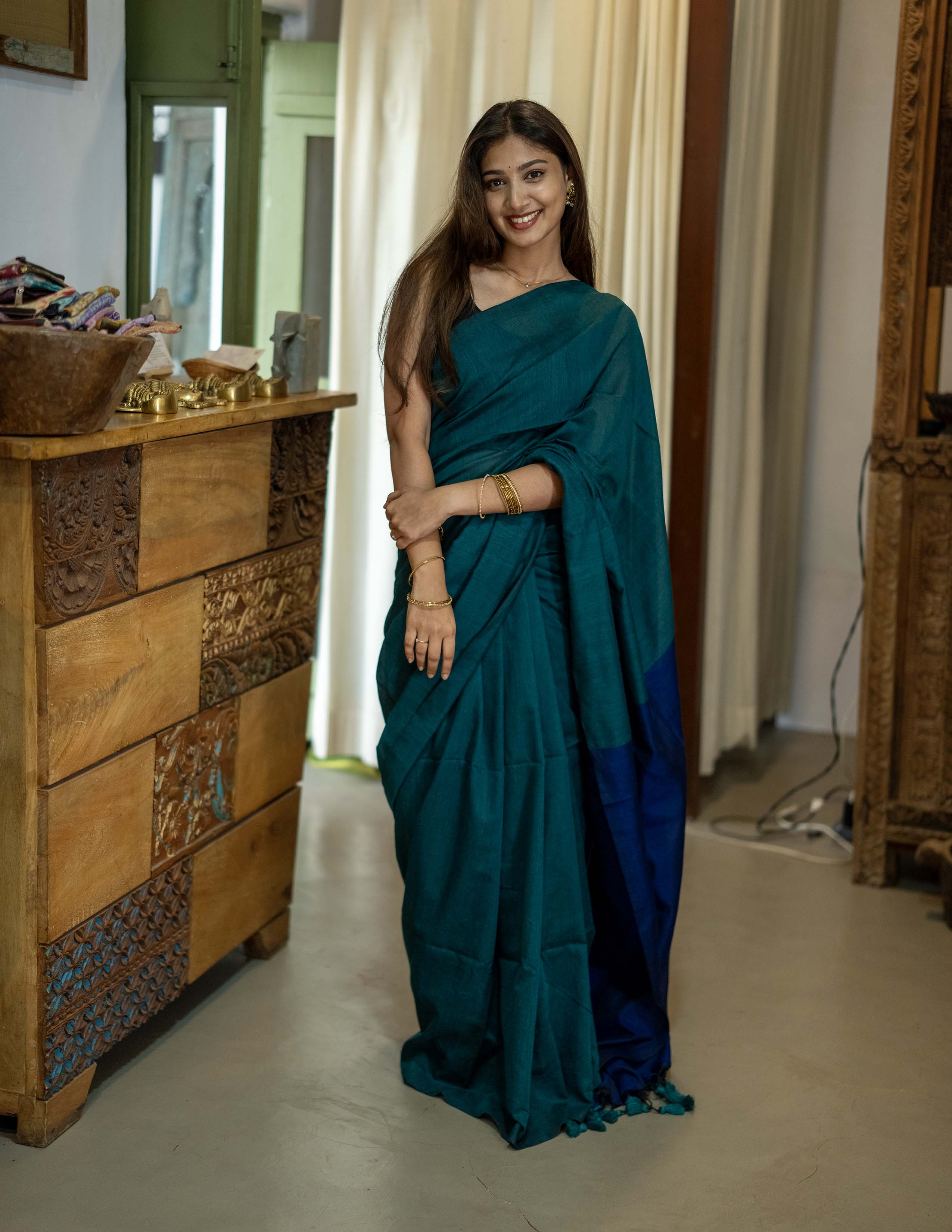 Midnight Teal Khadi Saree with Royal Blue Border