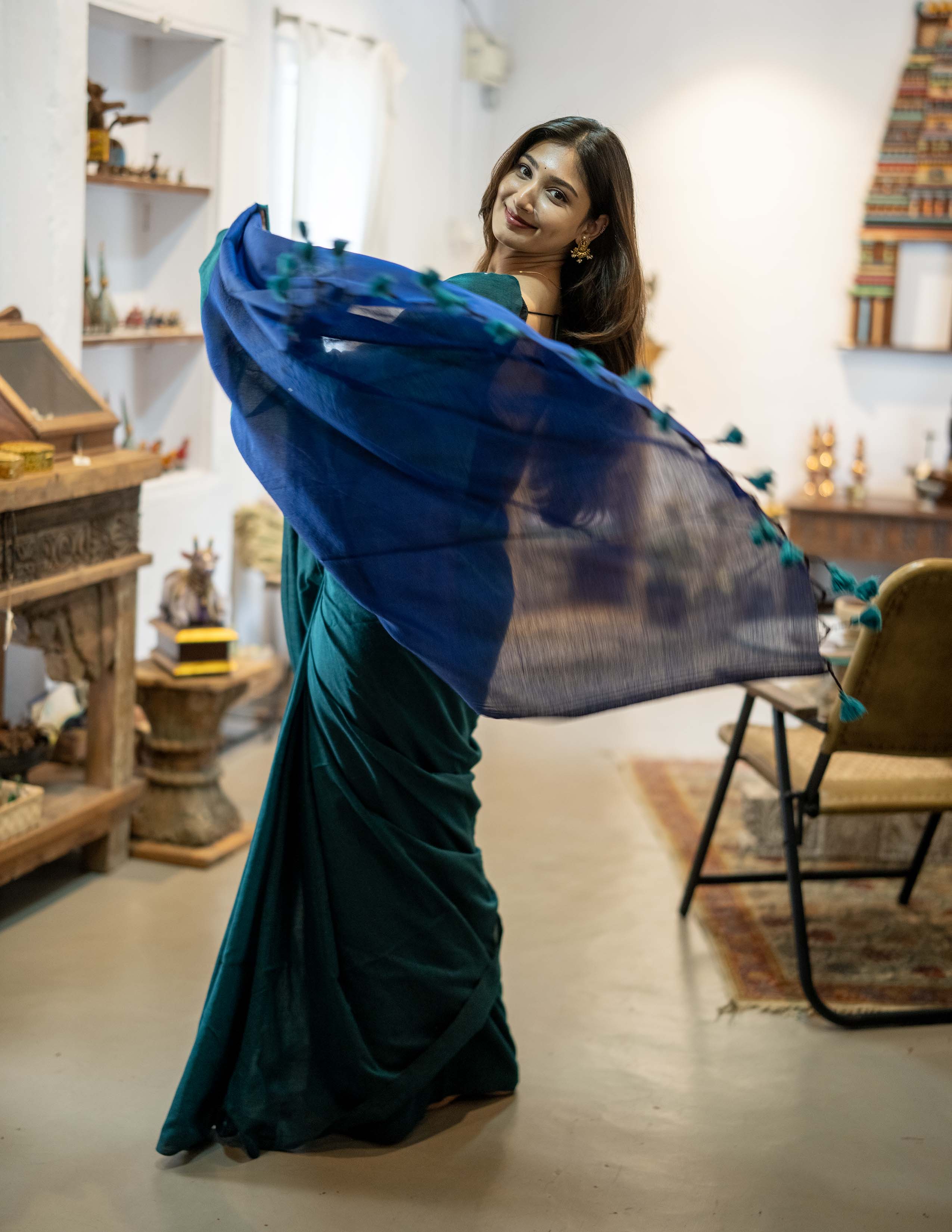 Midnight Teal Khadi Saree with Royal Blue Border