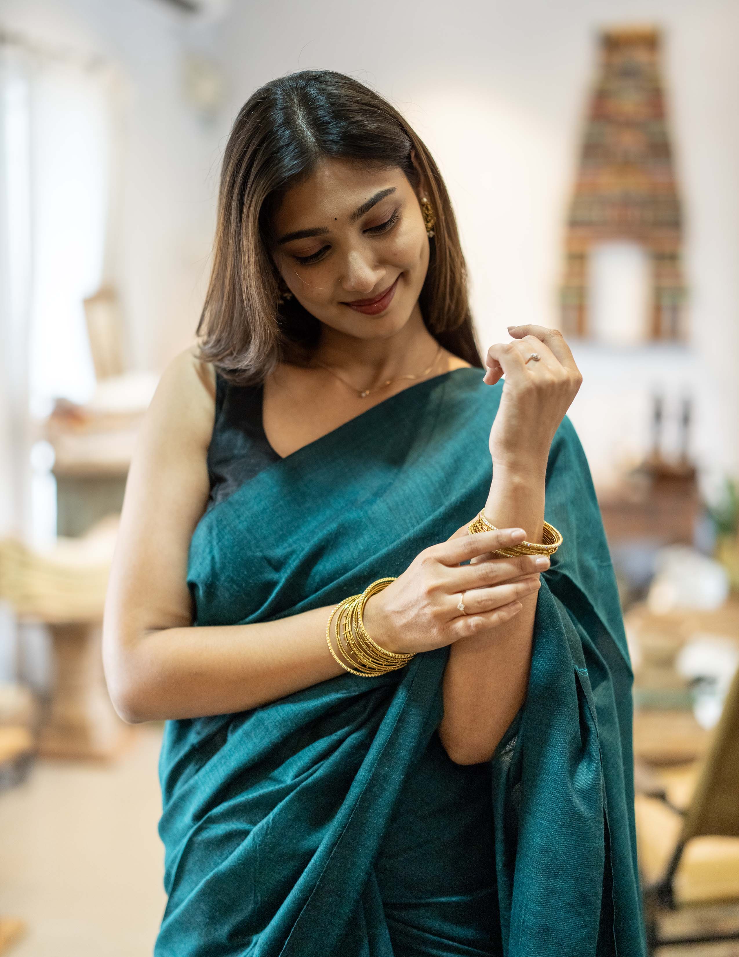 Midnight Teal Khadi Saree with Royal Blue Border